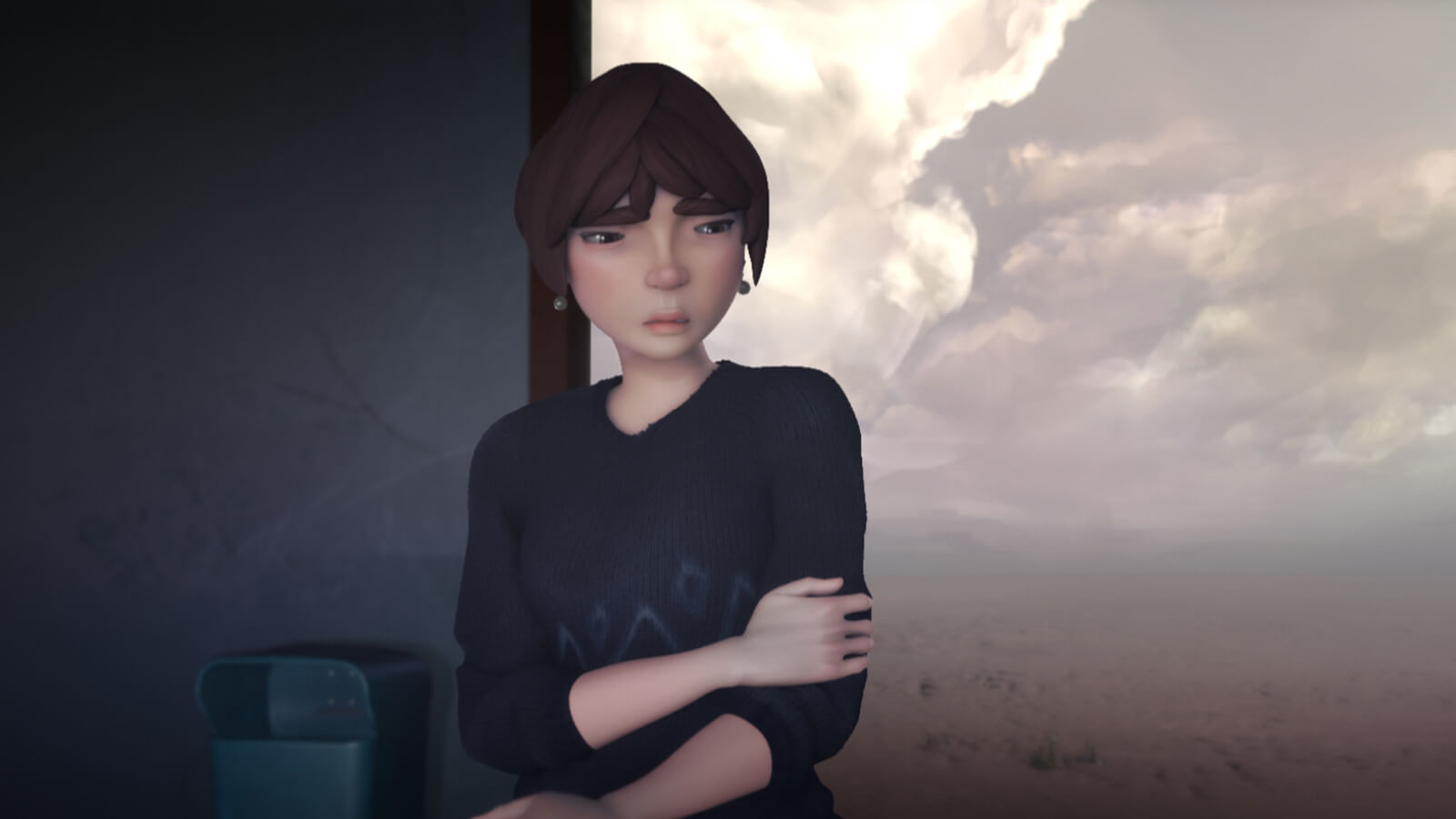 A CG image of a dispirited woman in a black sweater at an open-air train station. The landscape behind her is a barren desert