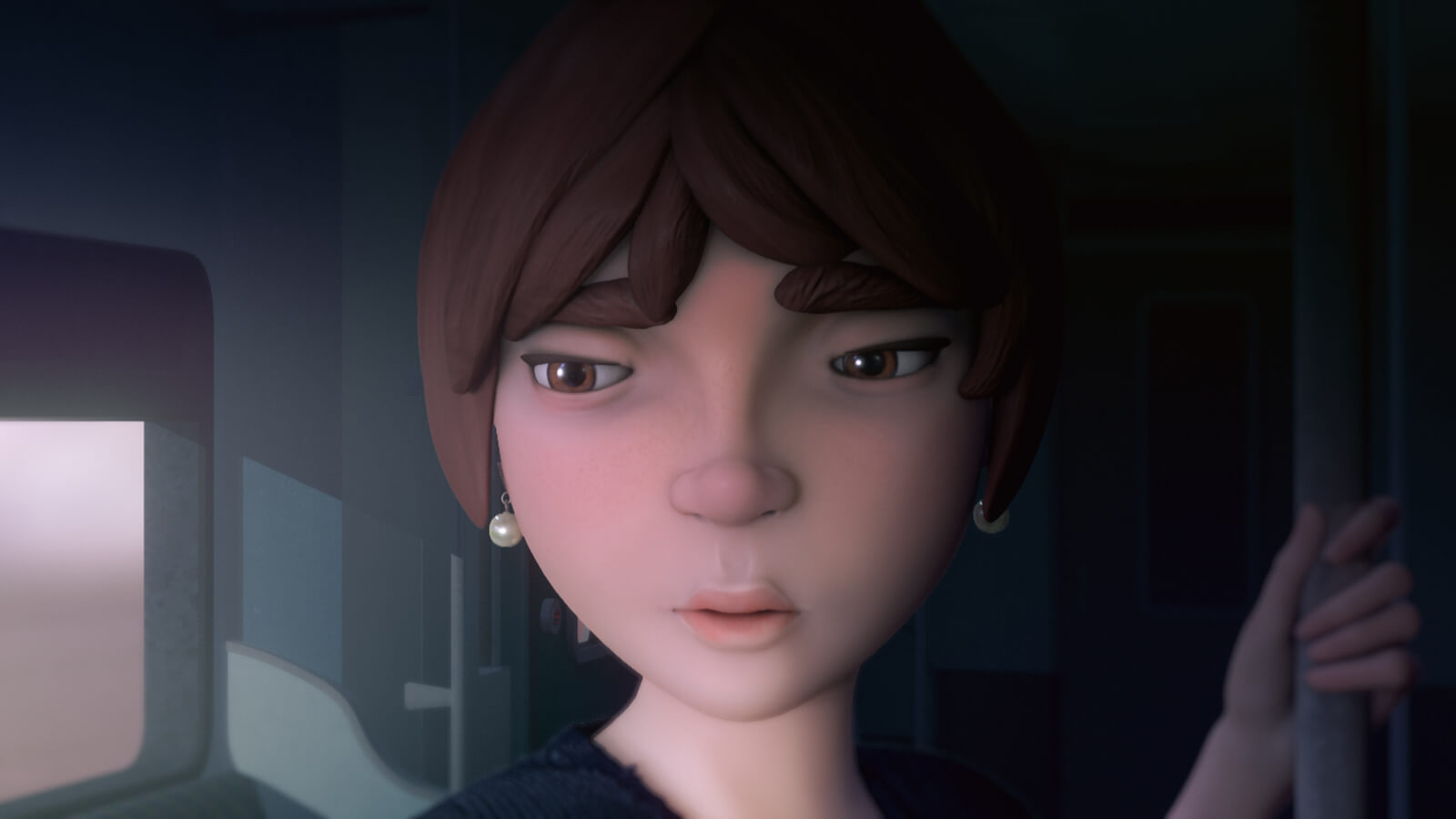 CG image of a closeup on a woman&#039;s face as she stands in a train car. Her expression is downcast, but muted.