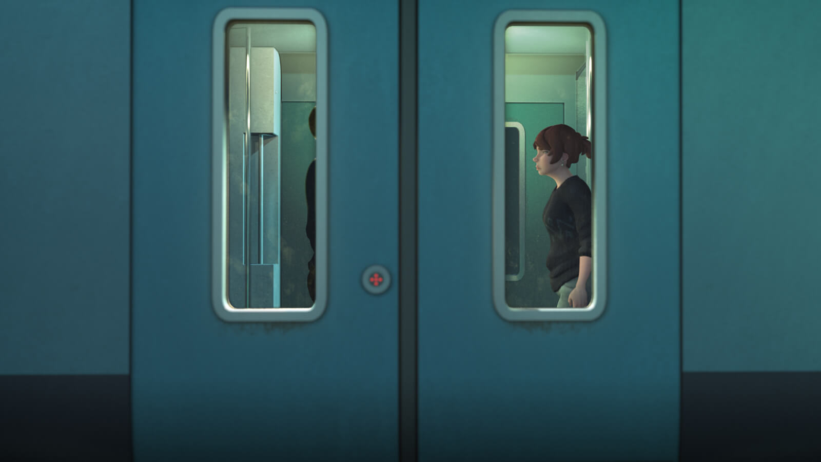 A woman in a black sweater from the side as seen through the vertical window in a train car&#039;s sliding doors.