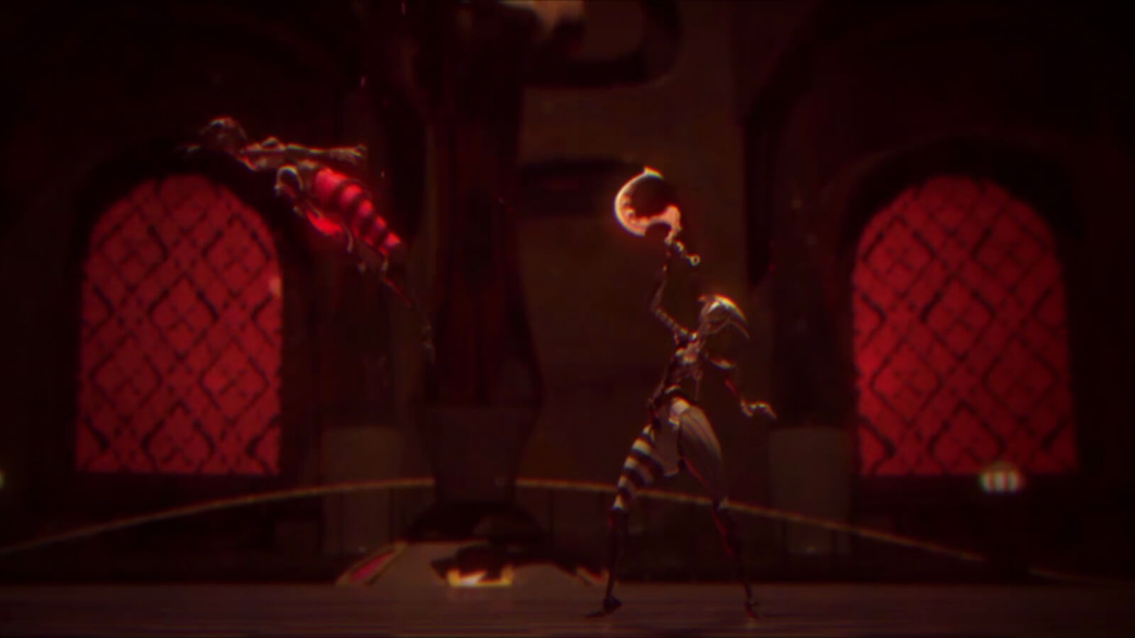 Two figures battle in a dimly lit arena room. One raises a melee weapon while the other flies through the air backward.