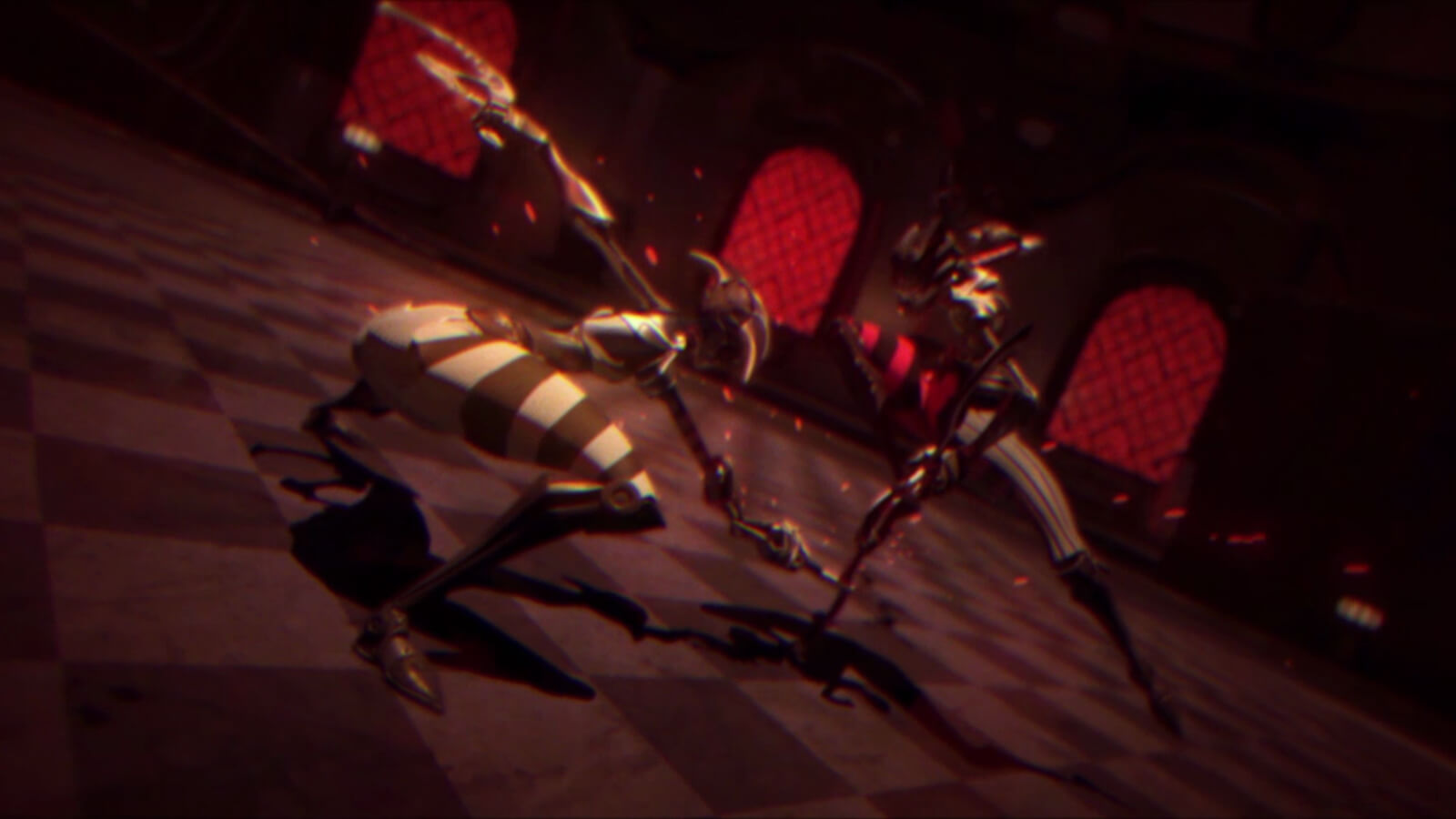 Two figures in lithe armor battle in a dimly lit room. One crouches swinging a melee weapon at the other&#039;s leg.