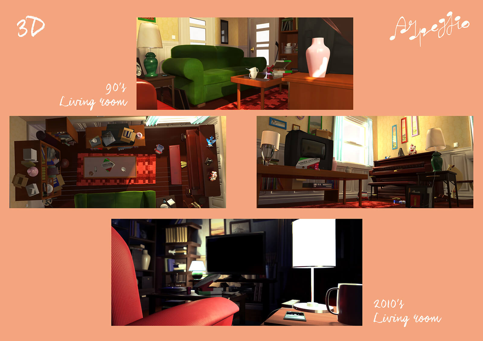 3D modeling of the living room setting in the film Arpeggio, both as it appeared in the 1990&#039;s and 2010&#039;s