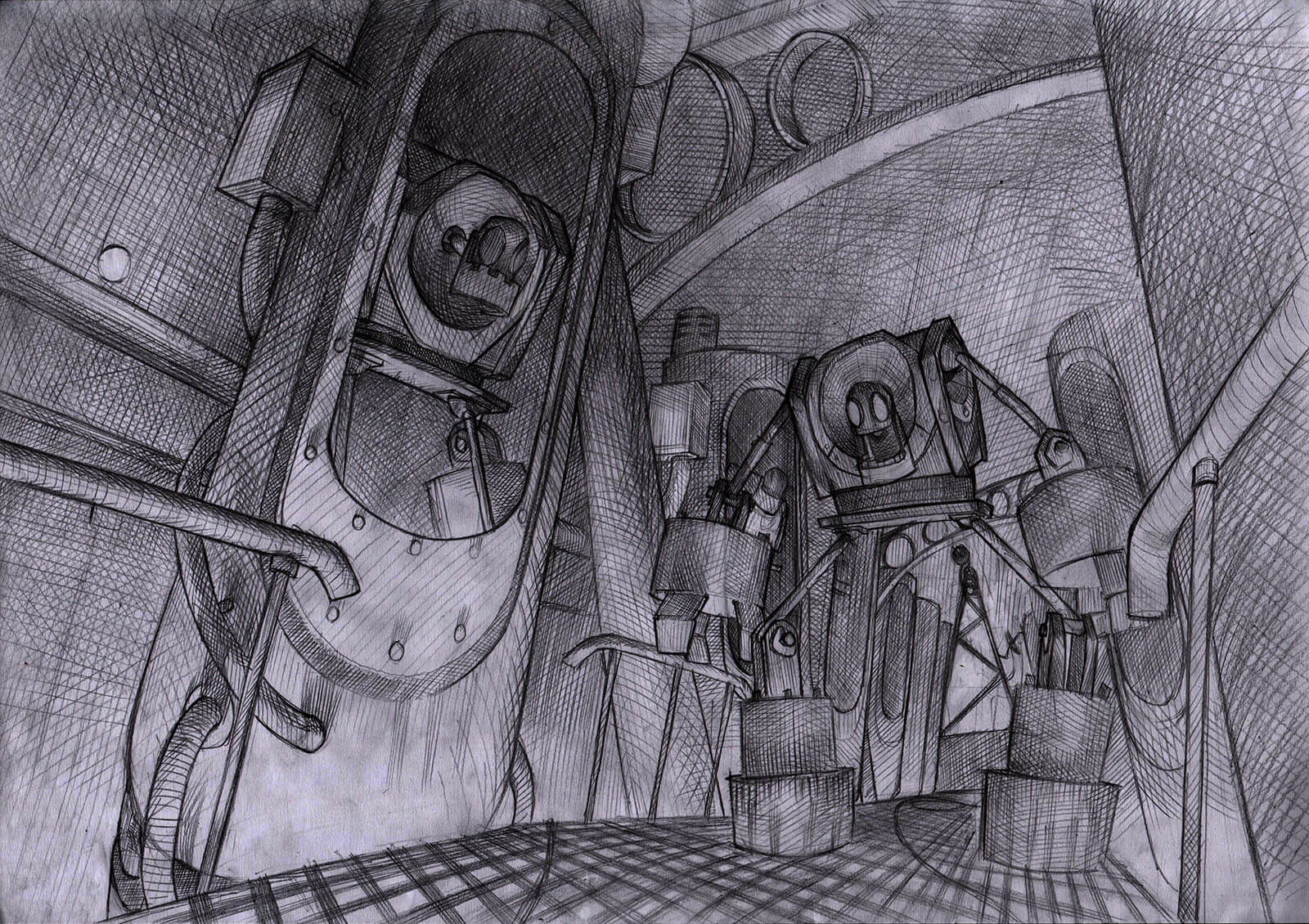 Boceto en blanco y negro que recoge robots metálicos amenazantes en un pasillo, para el cortometraje Core.