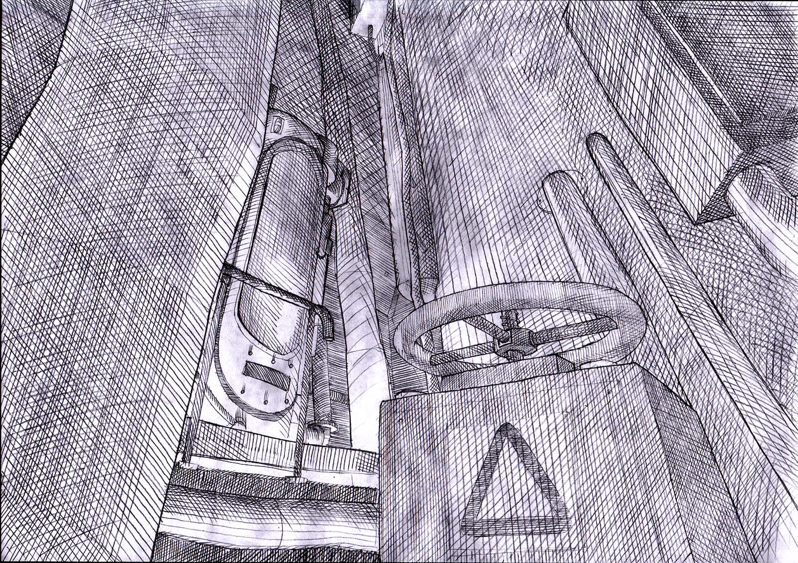 Black-and-white concept sketch for the film Core, depicting a safety valve and door in an industrial space