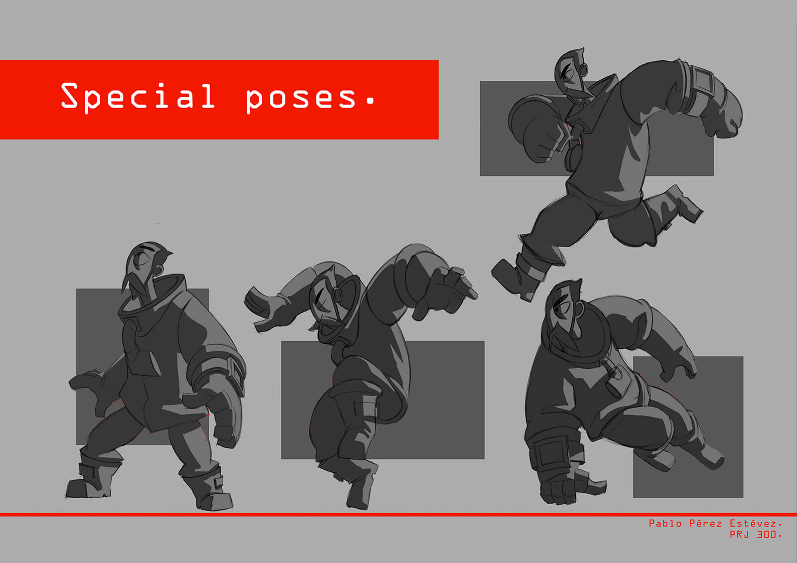 Special pose sketches for the film Core depicting a man in an industrial suit running and jumping