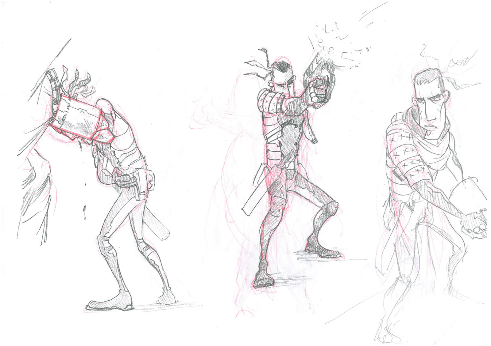 Red and black sketches of a tall, thin man in body armor leaning against a wall hurt, shooting, and glaring