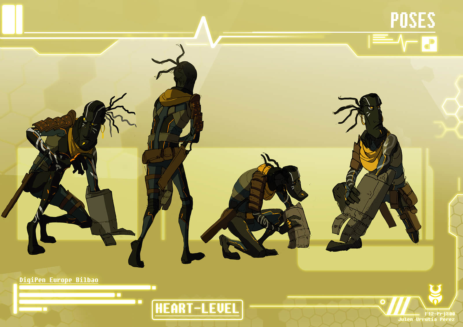 Full-color drawings of a tall, thin man in earth-tone body armor in poses such as walking and crouching