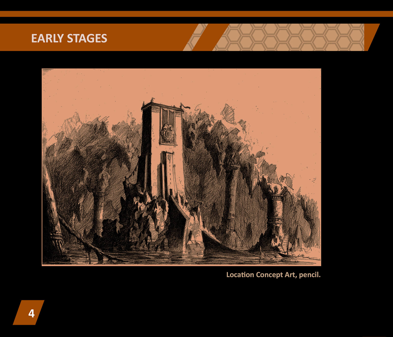 Location concept art, a black-and-white drawing of a boxy white tower erected on a small rocky outcropping in a cavern