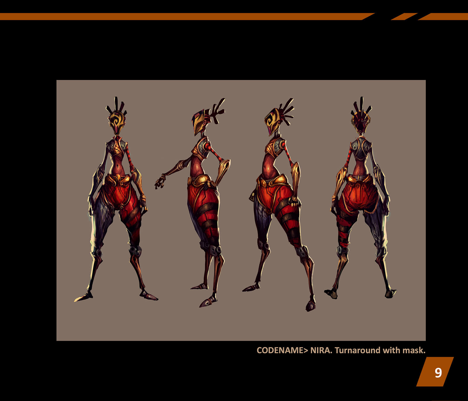 Character design turnaround of an abstractly proportioned woman standing in ornate red and black battle gear and face mask
