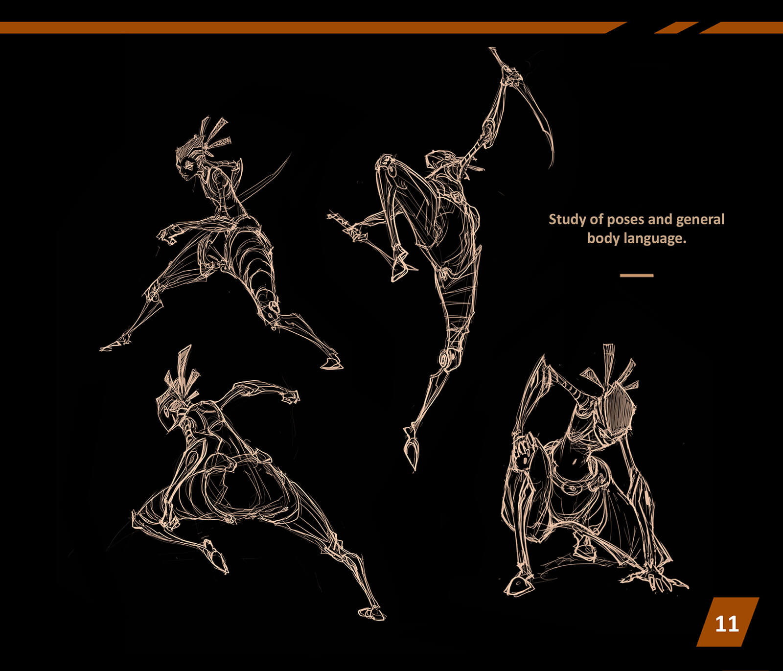 Sketches of a character in various mid-battle poses, bracing, crouching, and flying through the air with swords drawn