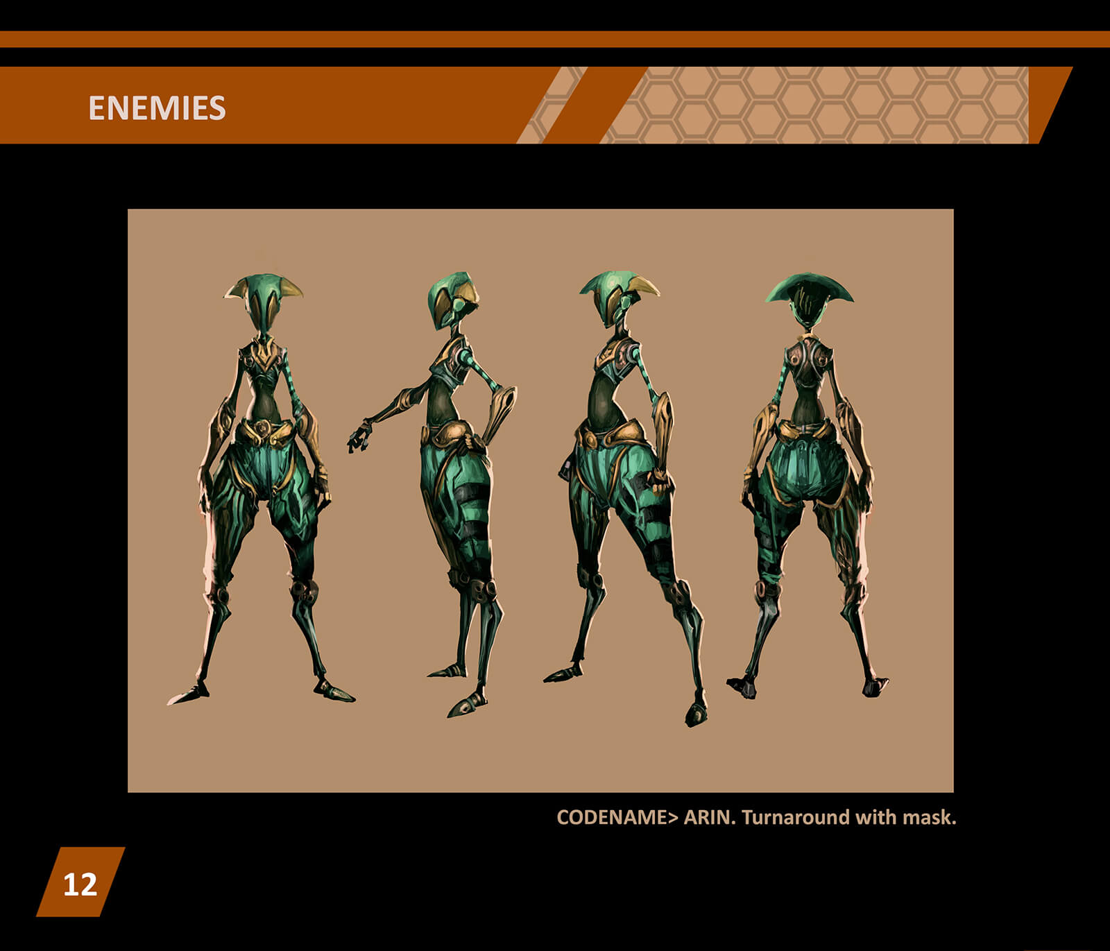 Character design turnaround of an abstractly proportioned woman standing in ornate emerald battle gear and face mask