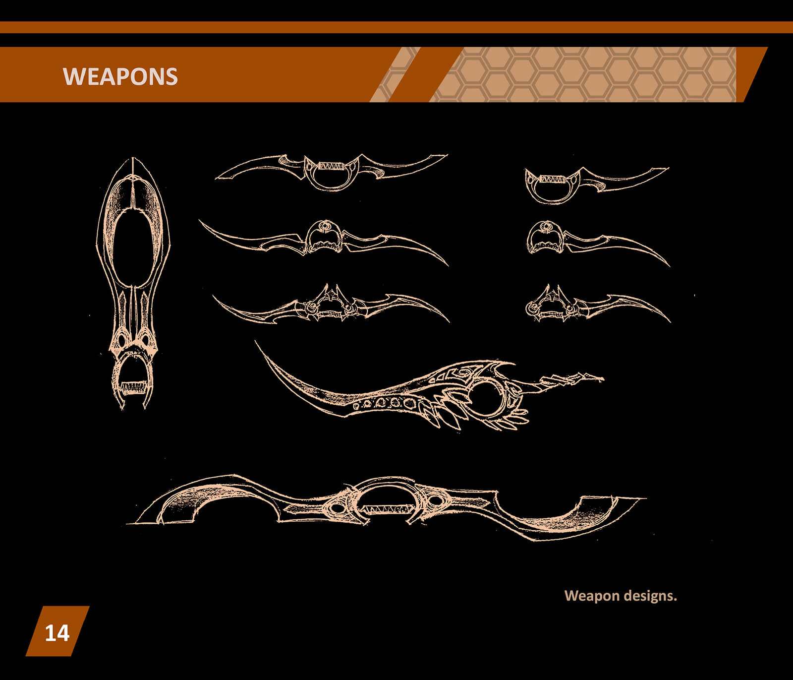 Black and white concept sketches of elaborate, curved swords and daggers