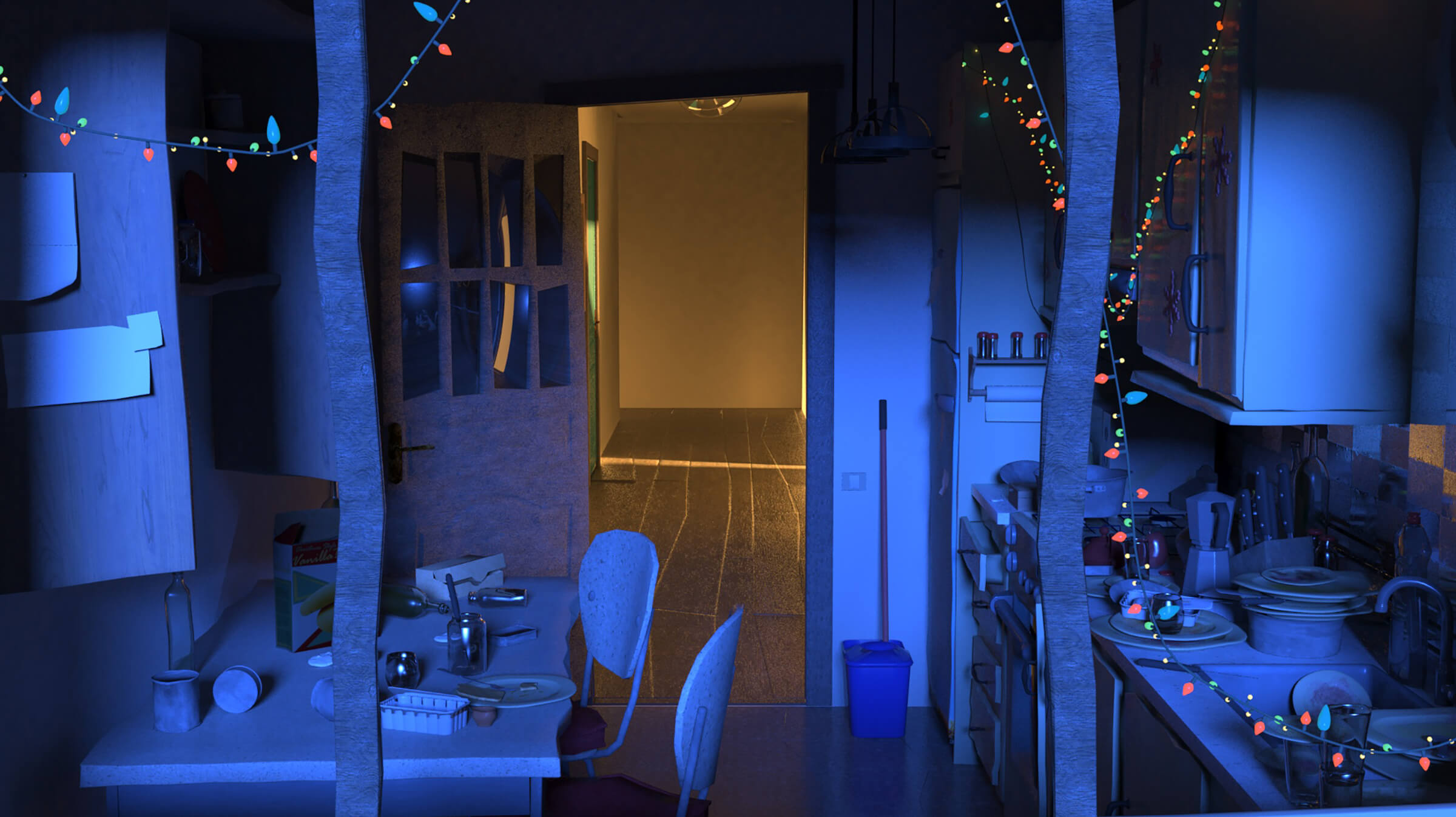 Una cocina oscura y desordenada decorada con luces festivas. Al fondo, una puerta abierta a un pasillo iluminado.