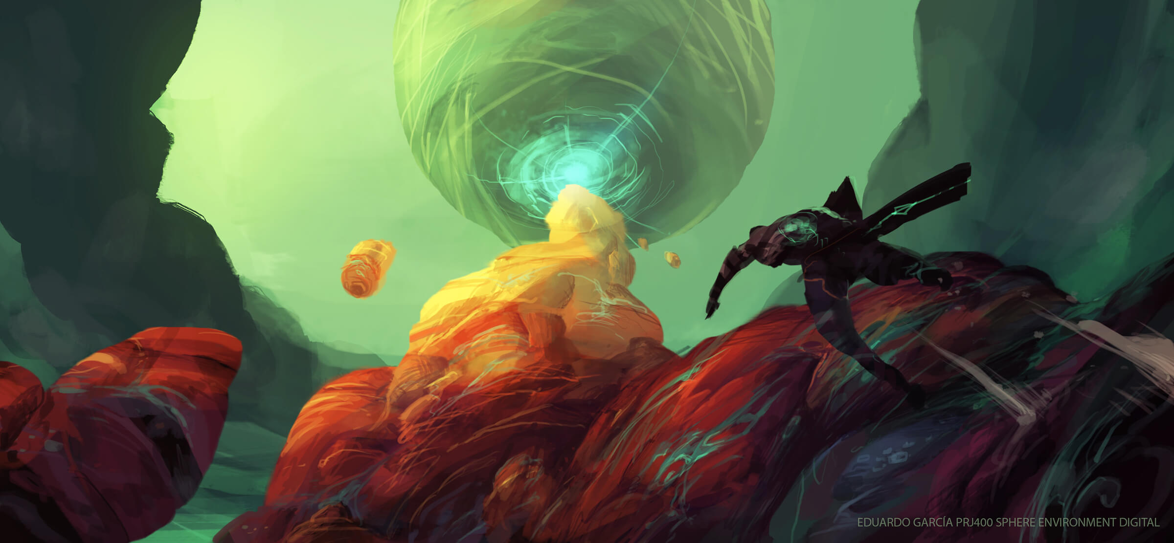 Una figura sube por un afloramiento de piedra multicolor hacia una esfera pedregosa que cuelga precariamente sobre un cielo alienígena verde y brumoso.
