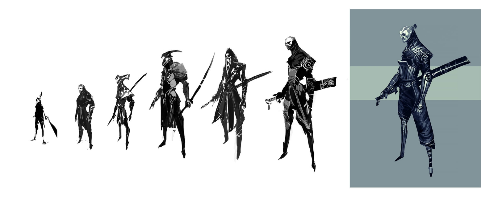 Arte en desarrollo en blanco y negro de guerreros de pie mirando desde un lado con un ornamentado equipo de batalla.