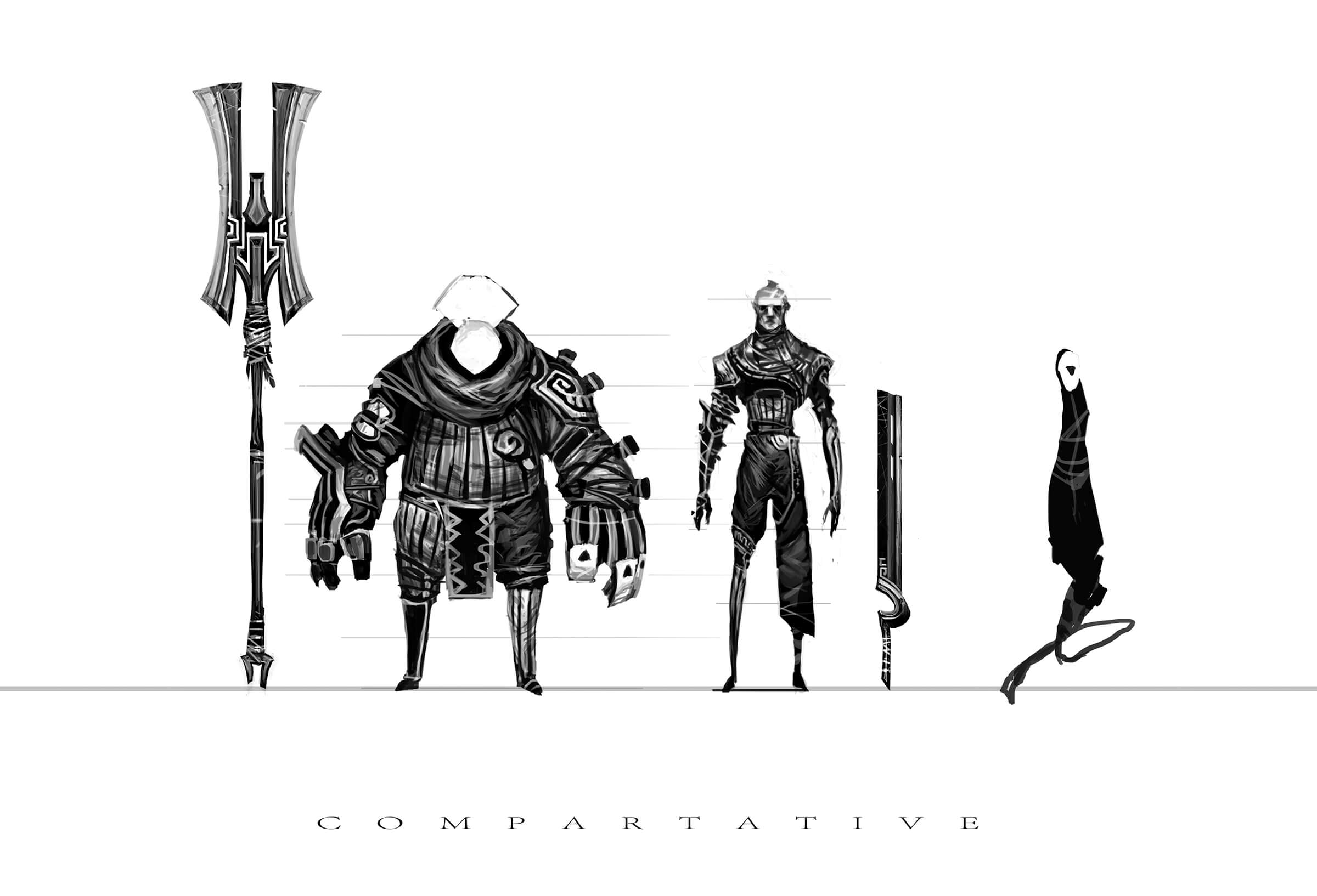 Bocetos en blanco y negro de guerreros parados junto a sus enormes armas con ornamentados equipos de batalla.