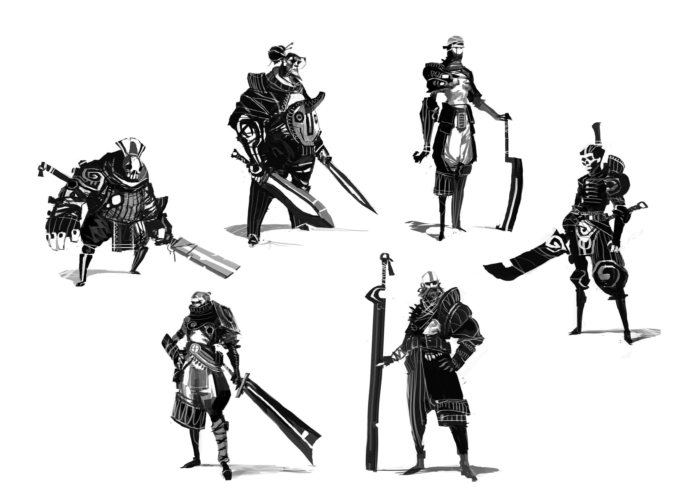 Bocetos en blanco y negro de temibles guerreros posando con sus espadas de gran tamaño, como parte de sus ornamentados equipos de batalla.