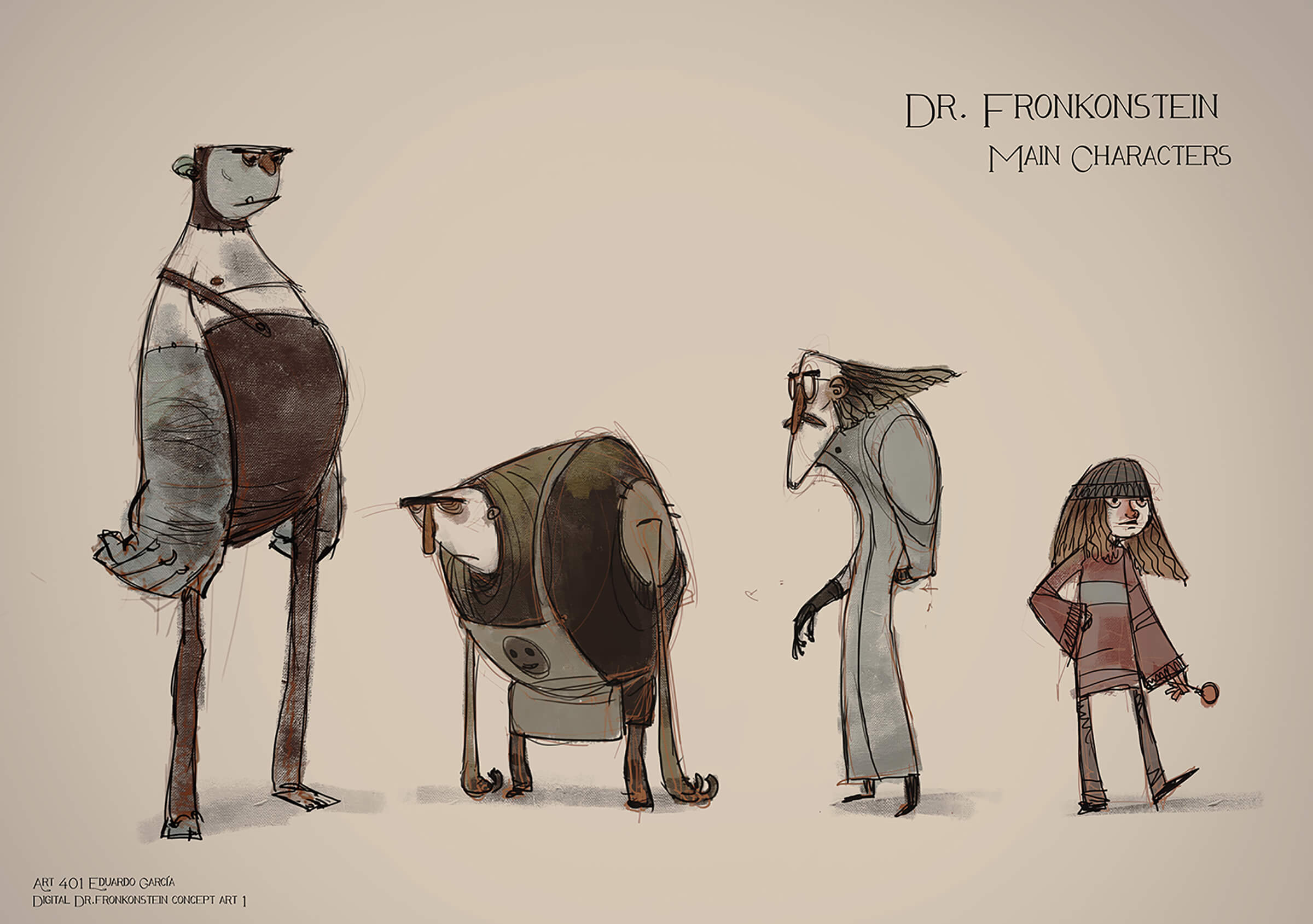 Concept sketches of characters, including a tall monster, hunched-over assistant, mad scientist, and a young, modern girl.