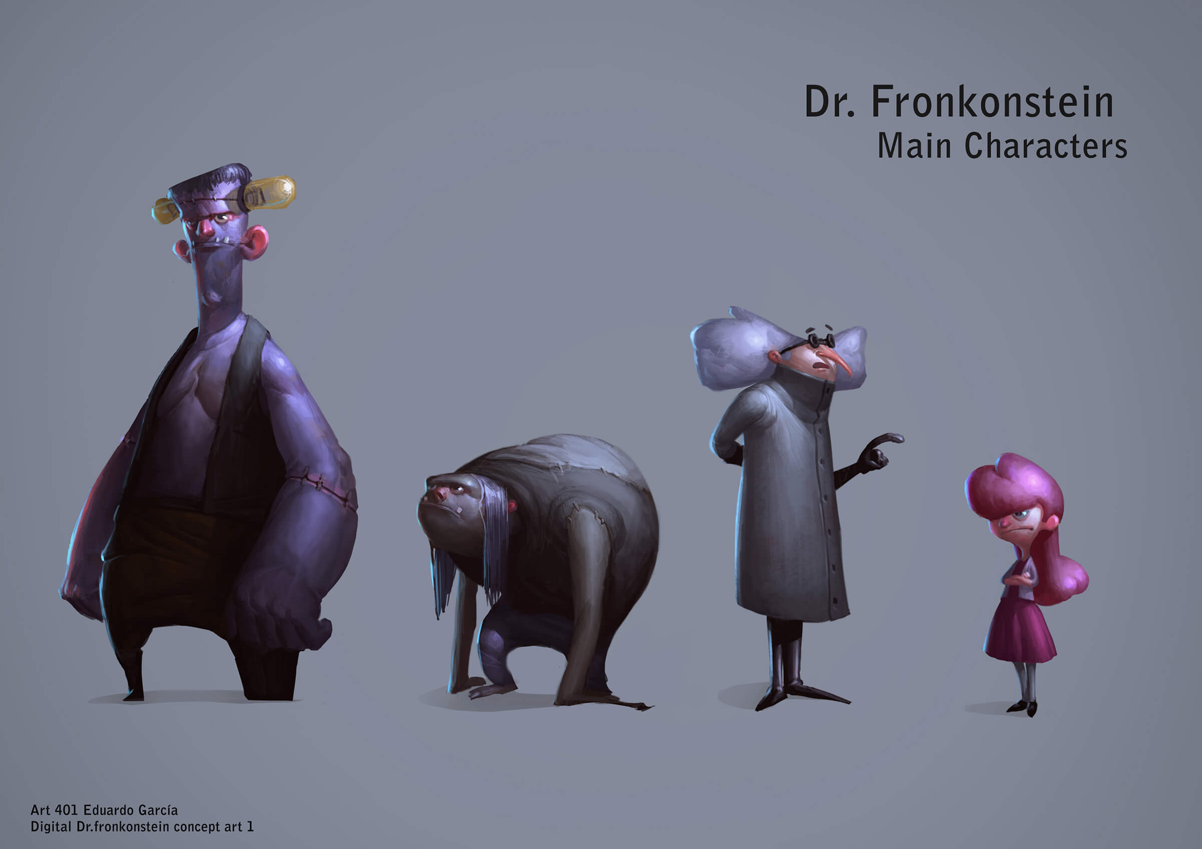 Pinturas terminadas de personajes, incluido un monstruo alto, un asistente encorvado, un científico loco y una chica joven y moderna.