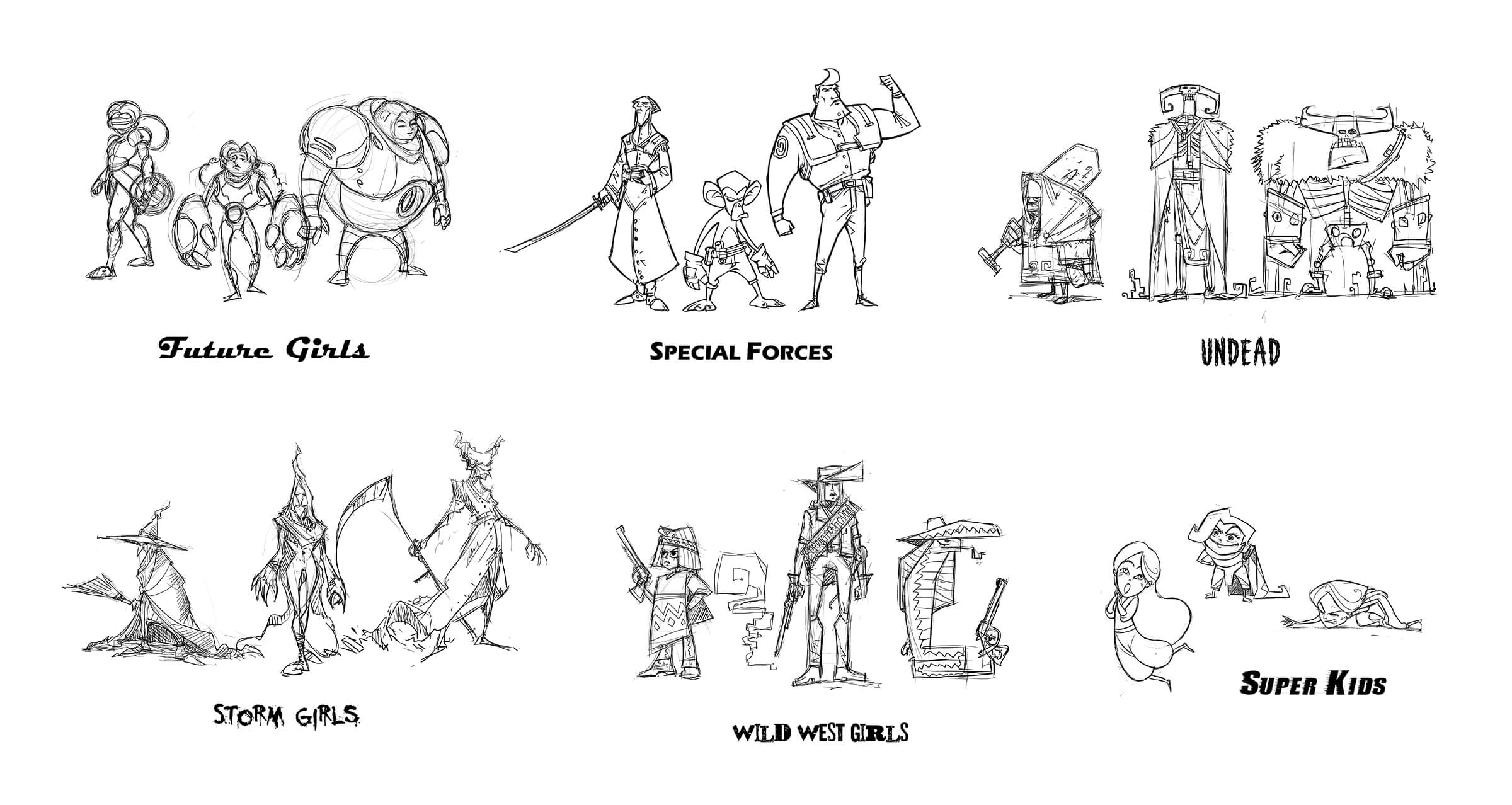 Bocetos de 6 grupos de combatientes, en categorías como No-muertos, Super Kids, Wild West Girls y Fuerzas especiales.