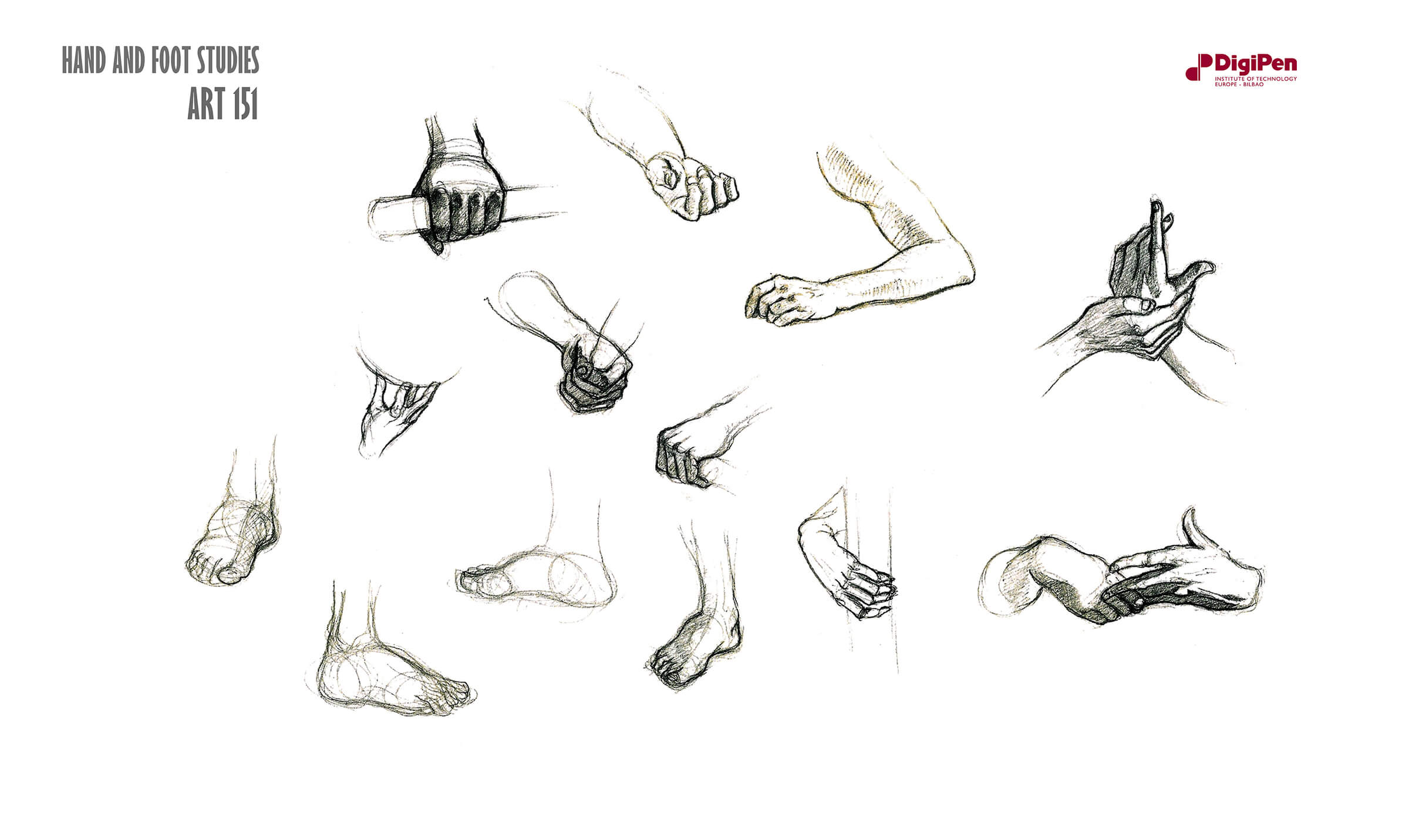 Bocetos en blanco y negro de manos, brazos y pies en diferentes poses, agarrándose y extendiéndose.