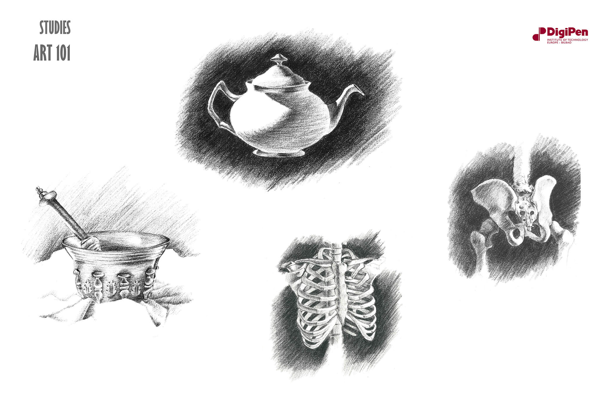 Bocetos en blanco y negro de una tetera, un cáliz, una caja torácica humana y un hueso pélvico.