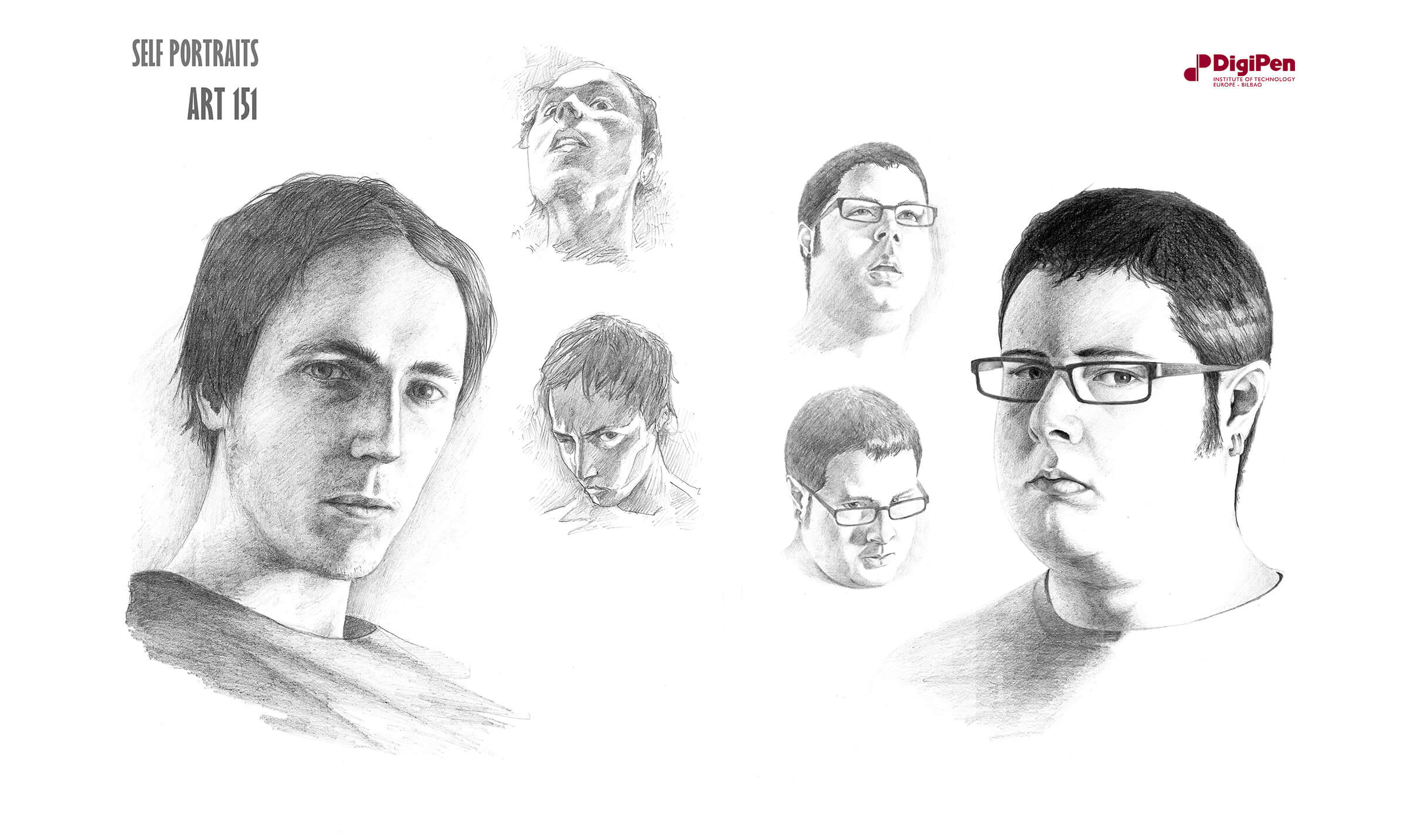 Black-and-white self portraits of two male artists&#039; faces from different angles, one wears glasses and two earrings.