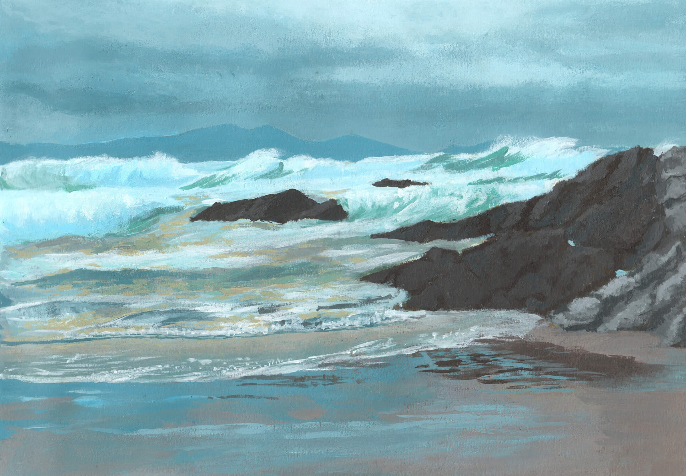 Landscape painting of an ocean shore with choppy white waves crashing against dark gray rocks against a dark cloudy sky.