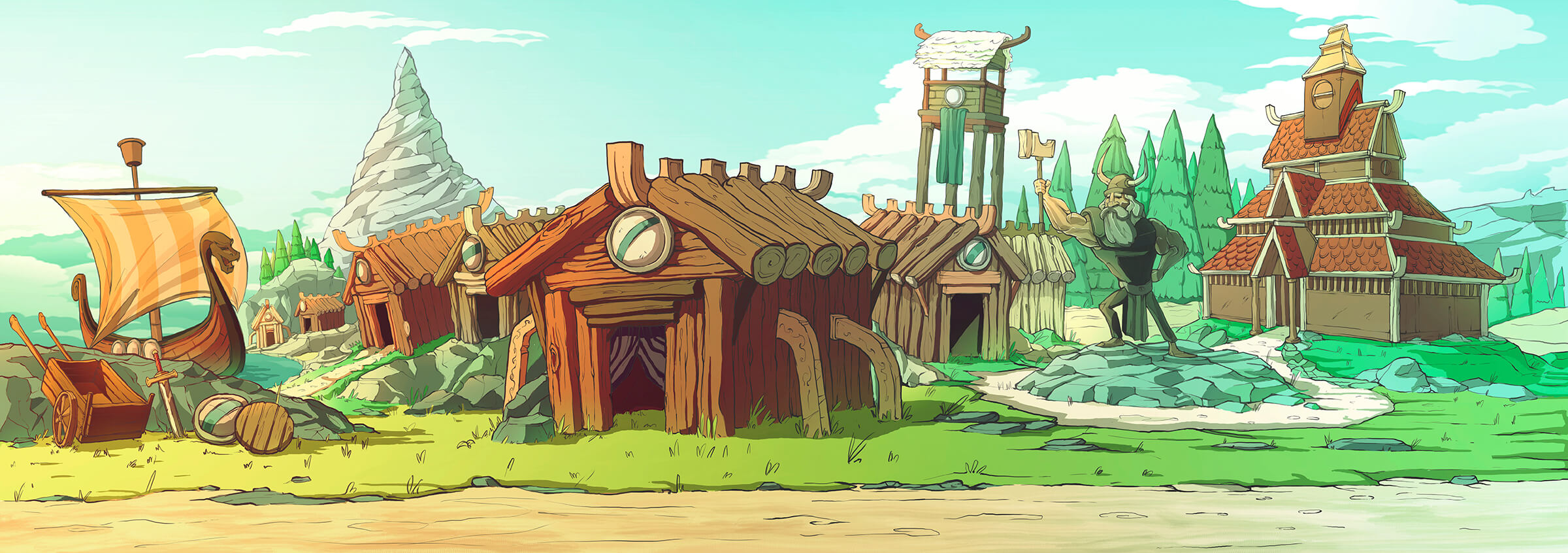 Representación al estilo de dibujos animados de un antiguo pueblo vikingo con cabañas de madera, una lancha y una estatua de un guerrero con un martillo.