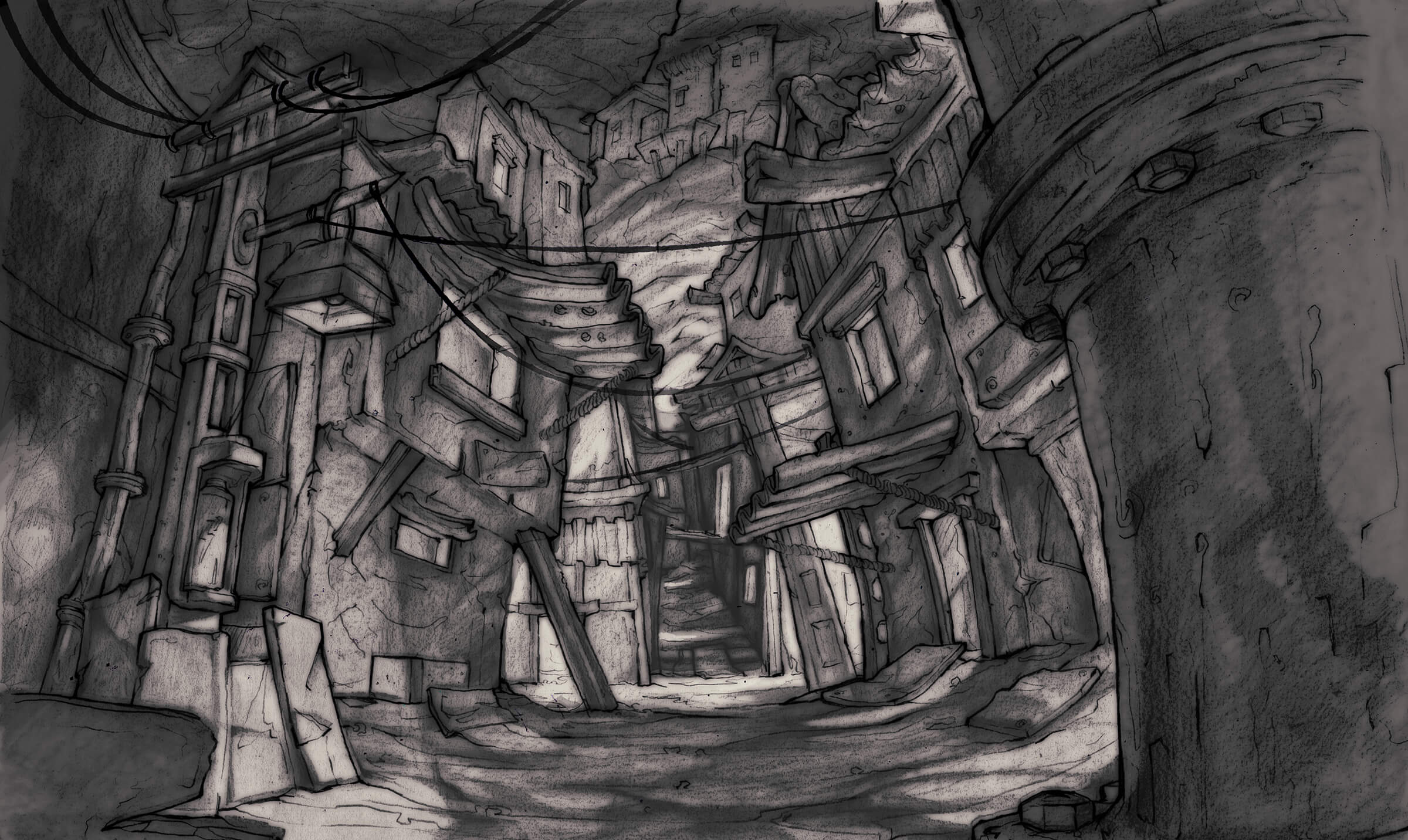 Dibujo en blanco y negro de un callejón estrecho y con poca luz a través de un paisaje urbano en ruinas construido bajo tierra.