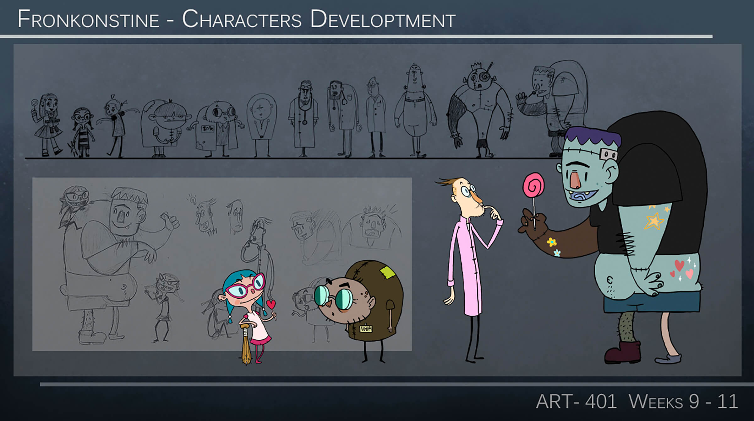 Bocetos conceptuales de una niña, un científico y su asistente enano, y un simpático Monstruo de Frankenstein sosteniendo una piruleta.