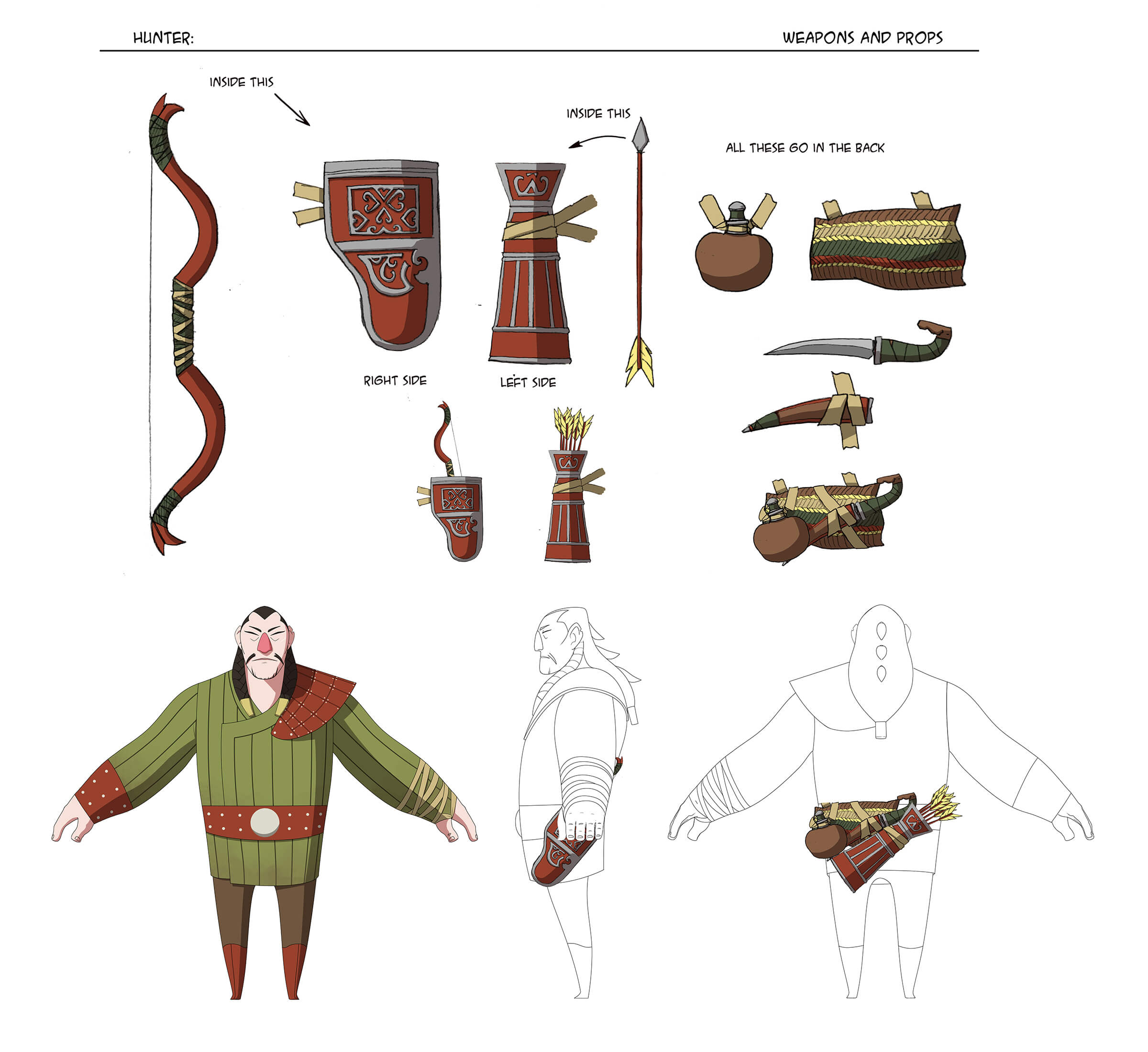 Boceto en color de un antiguo cazador y su equipo, incluido un arco, unas flechas, un carcaj, un cuchillo y una bolsa de agua.