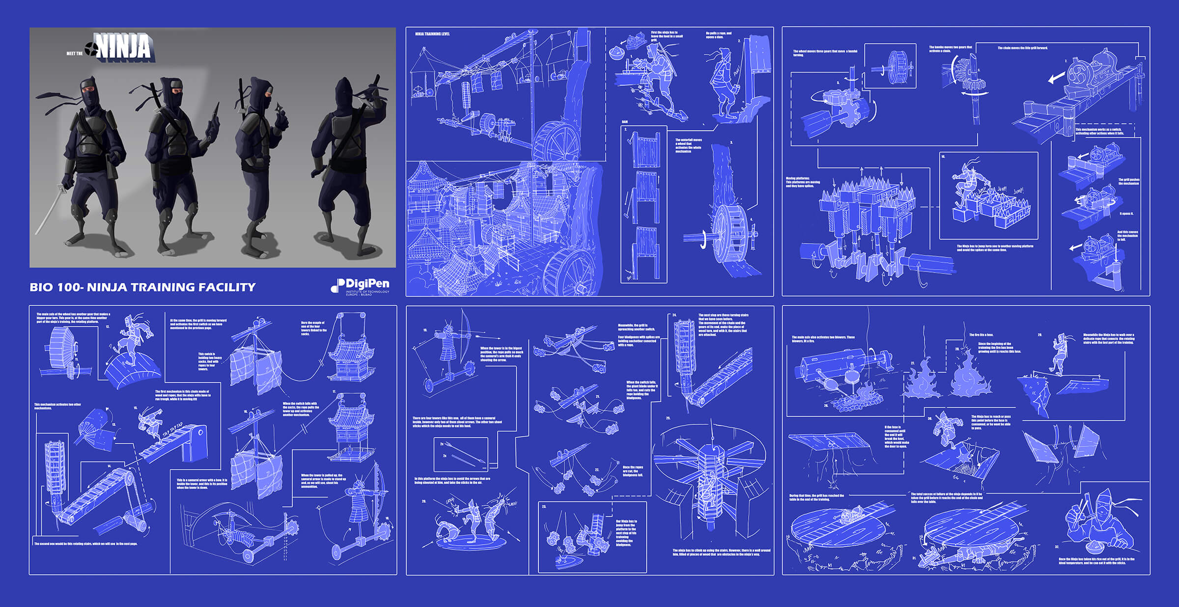 Blueprints of elaborate mechanical traps and several angles of a black-clad ninja hoping to elude them.