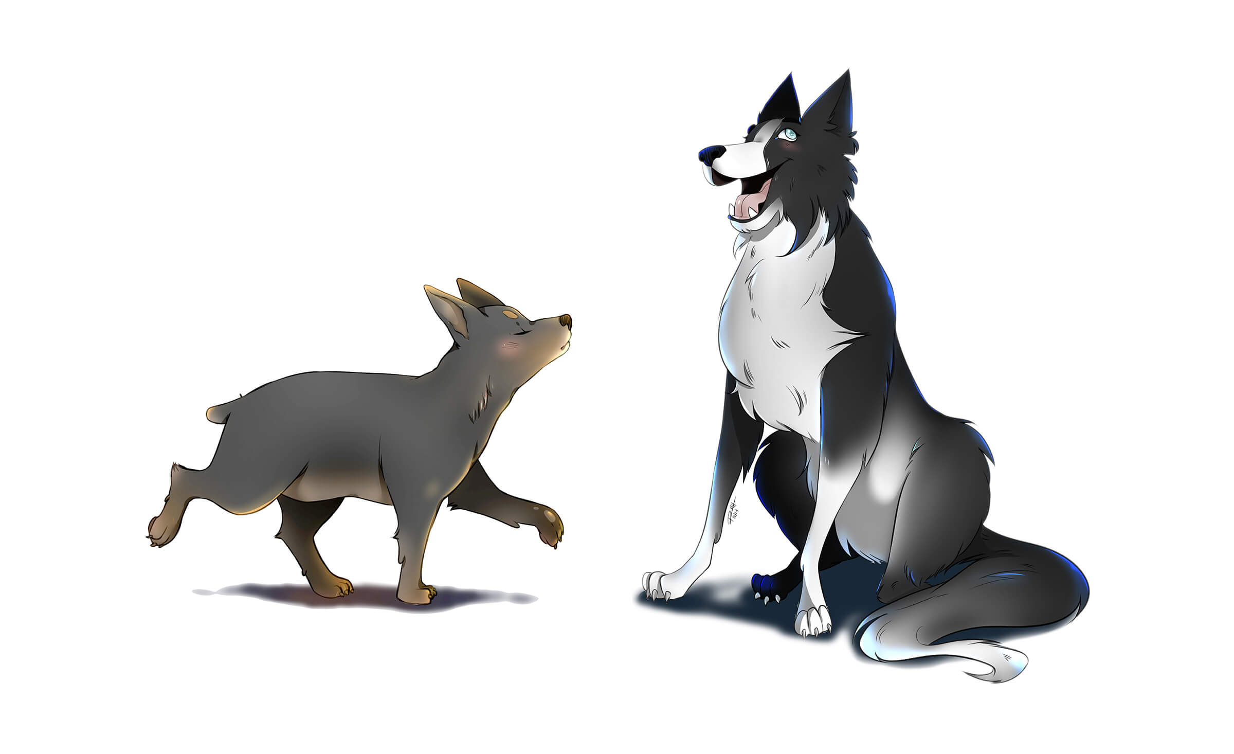 Digital painting of two cartoon dogs, a brown dog trotting aloof, and a black-and-white dog happily sitting.