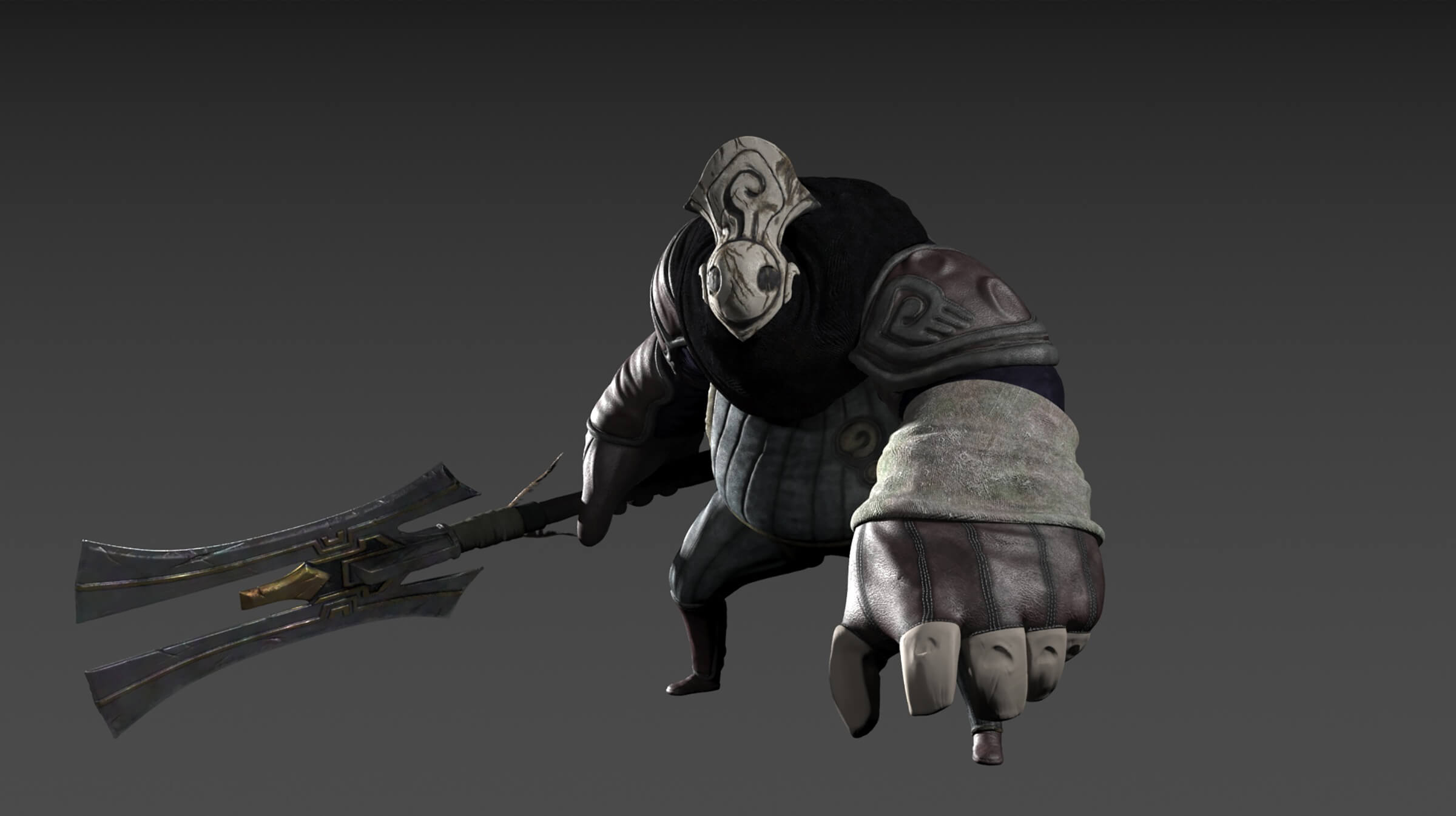 Un robusto personaje en 3D con su equipo de batalla de tela y una máscara gris desgastada sostiene, a un lado, un arma grande de dos puntas.