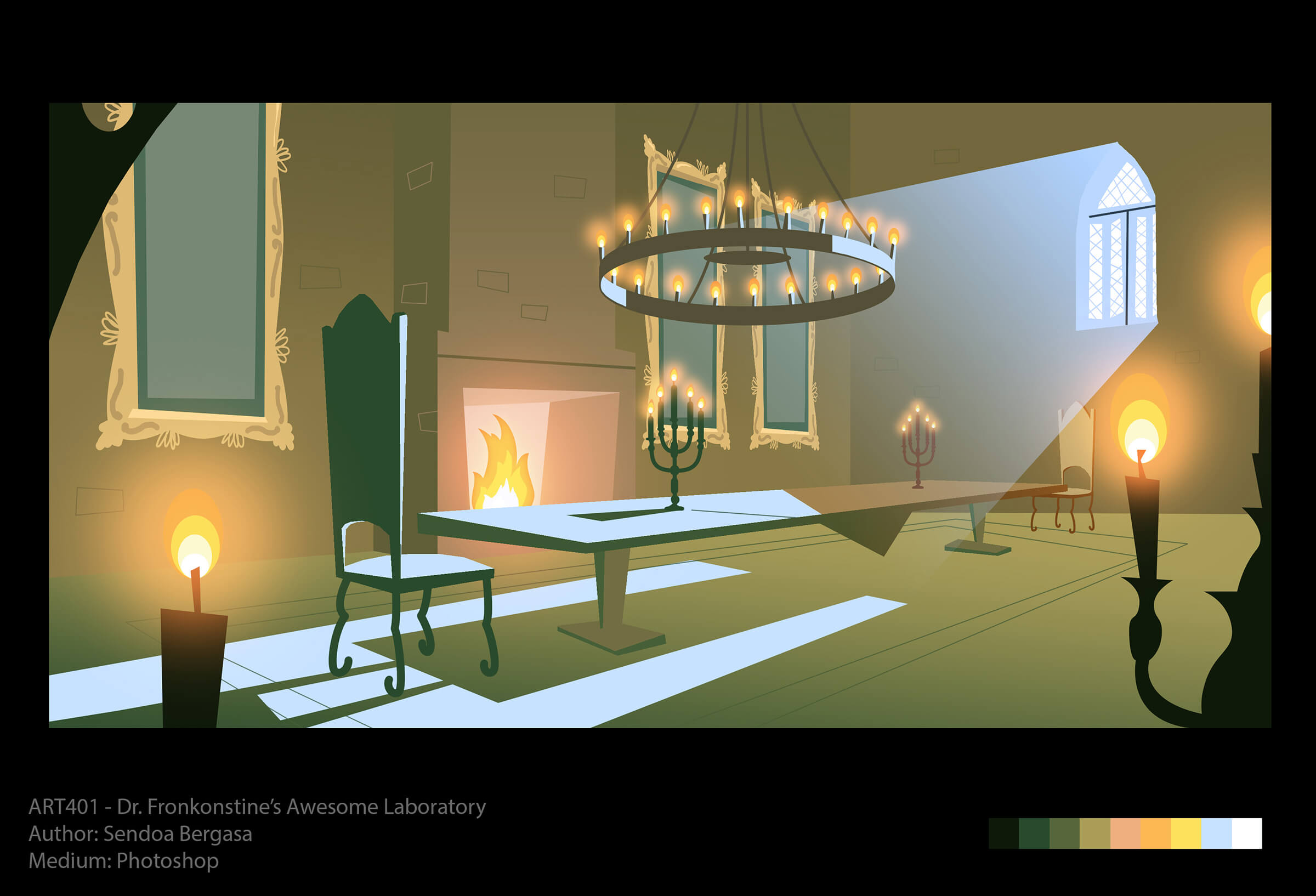 Concept art of a long dining table with high-backed chairs next to a fireplace. A candlelit chandelier glows overhead.