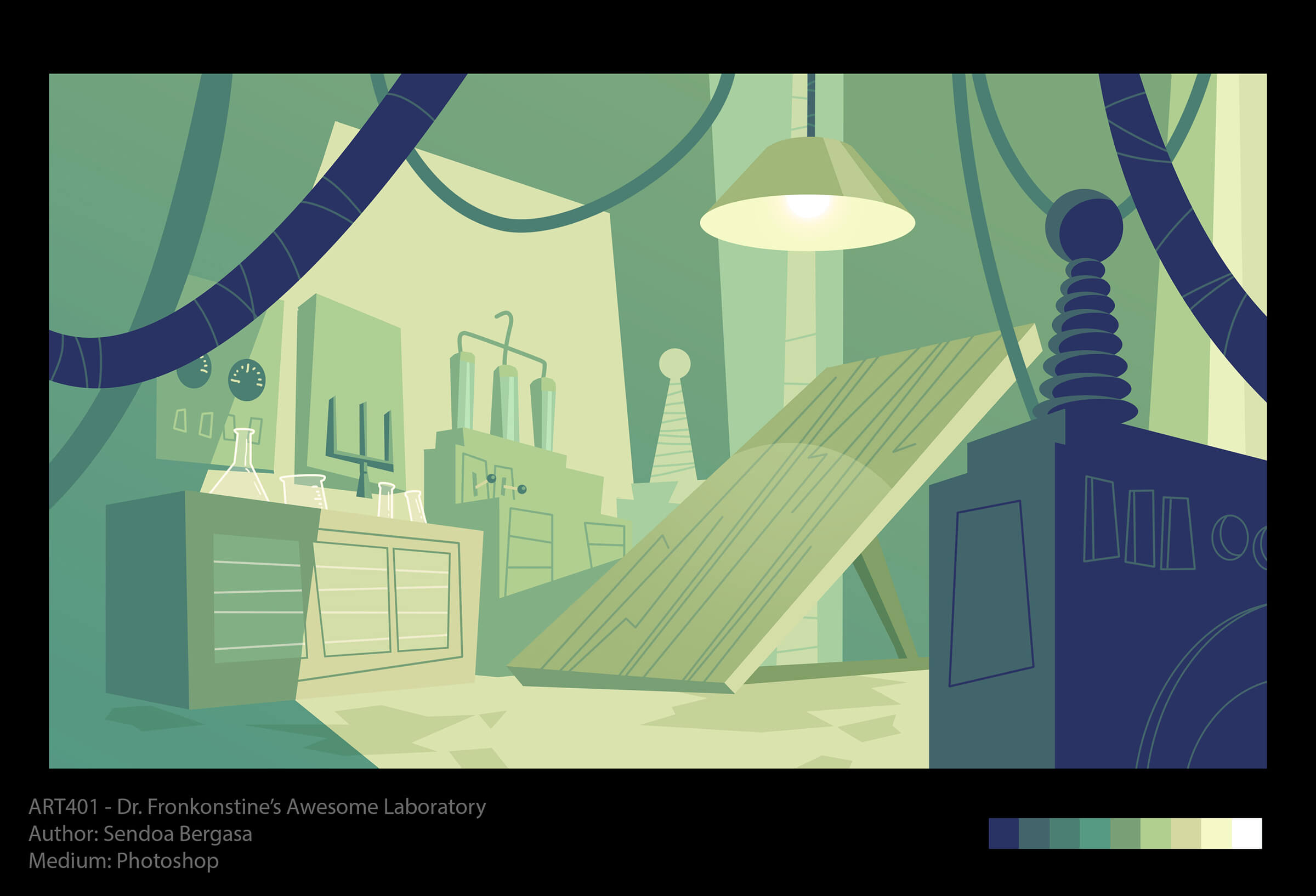 Stylized depiction of a mad scientist&#039;s laboratory in shades of green and blue, with switches, beakers, and operating table.