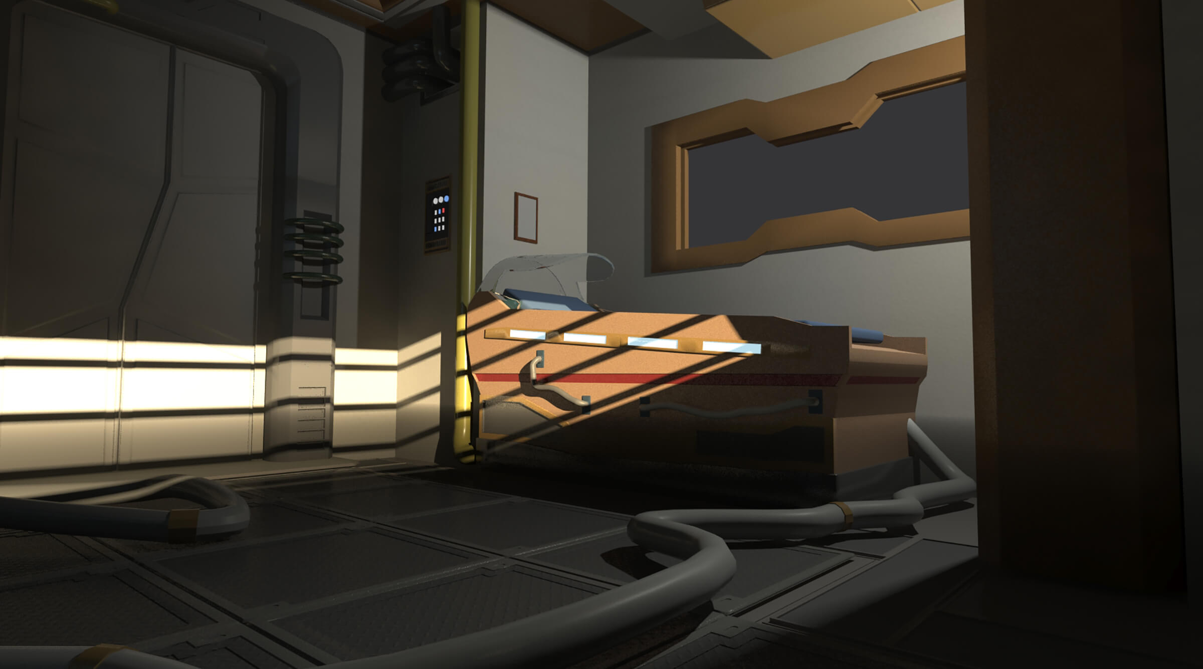 Una habitación con poca luz decorada en un estilo futurista prístino con un elaborado aparato para dormir visto desde un lado.