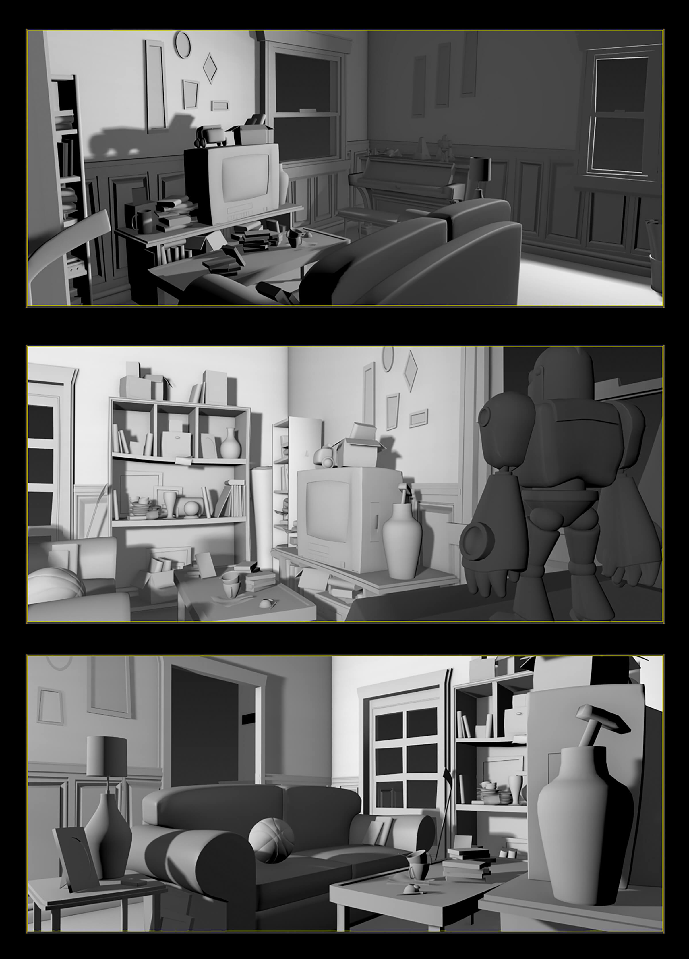 A messy, colorless 3D-modeled living room with a sagging shelves full of junk, a coffee table, and a small television set.