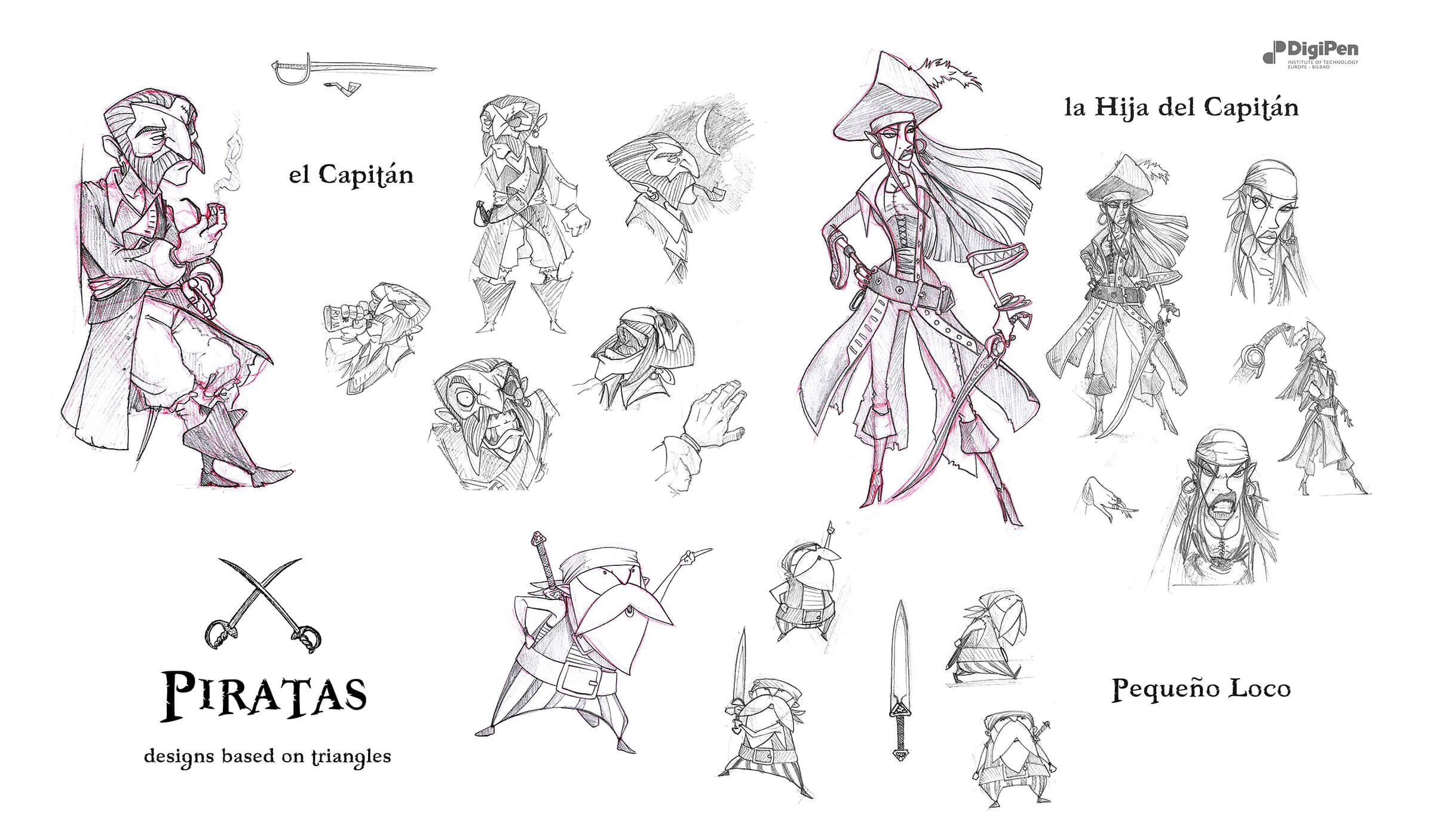 Bocetos en blanco y negro de un capitán pirata, su hija empuñando una espada y un pirata viejo y bajo.