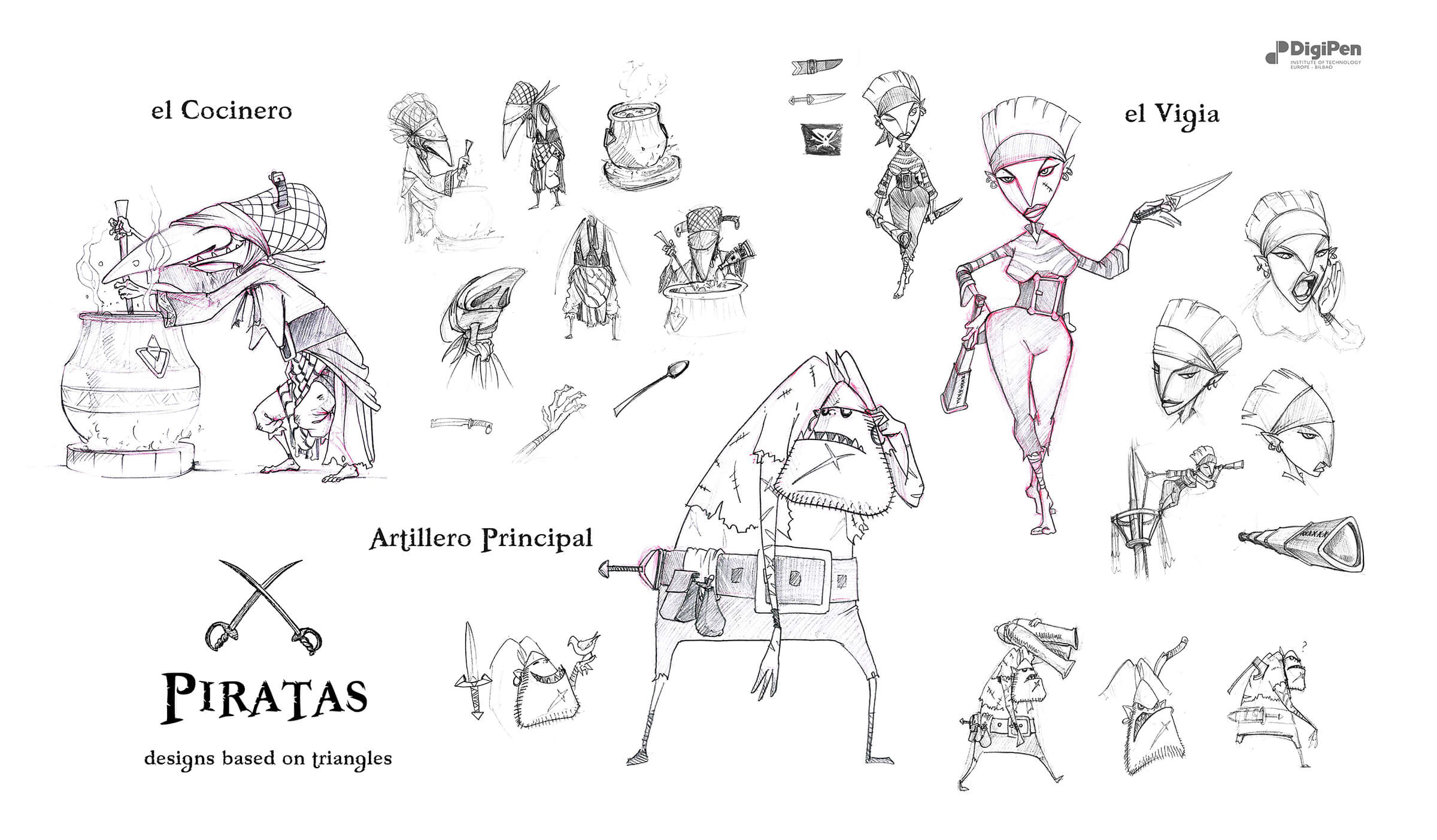 Stylized black-and-white sketches of an old cook, an angular watchwoman, and a clumsy pirate artilleryman.