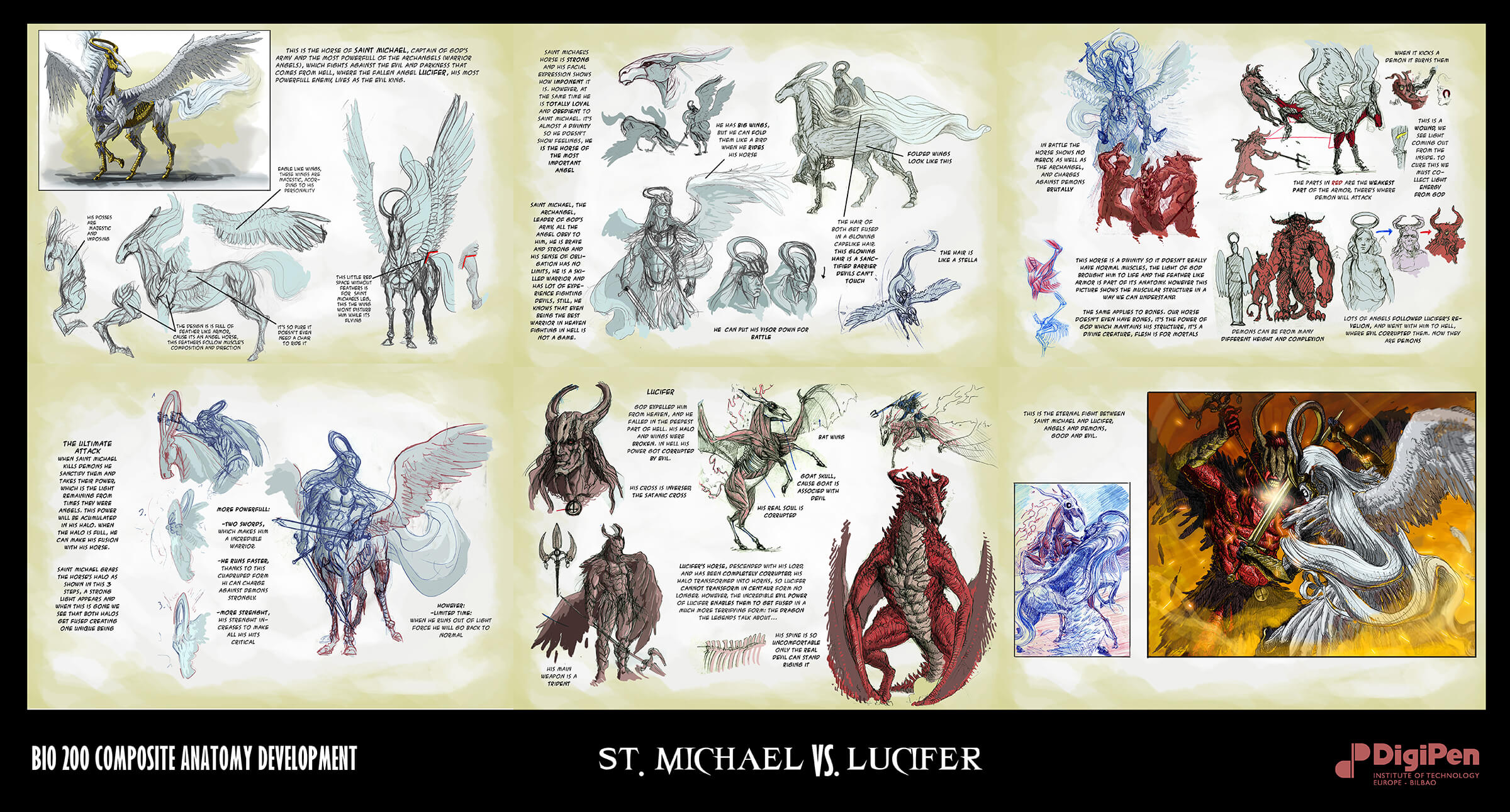 Diseños y descripciones de un personaje angelical a caballo y una figura demoníaca en un dragón mientras luchan.