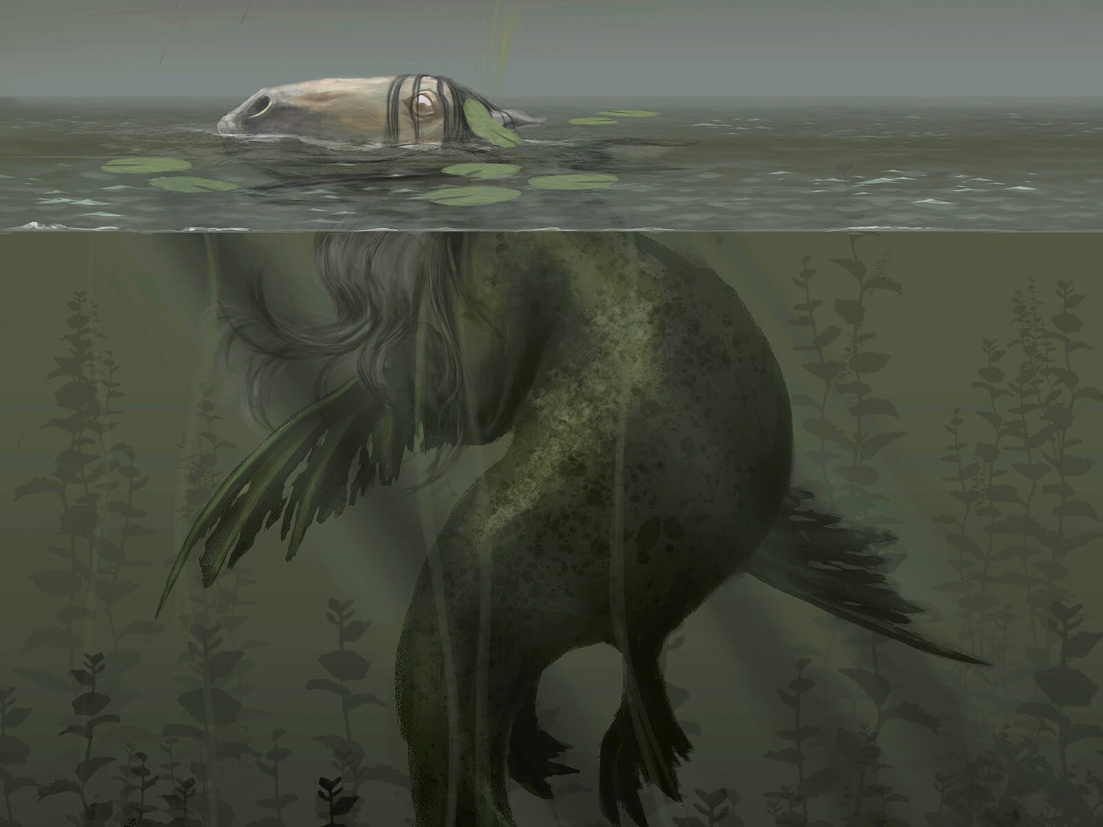 Lo que parece ser la cabeza de un caballo asoma por encima de la superficie de un lago, pero una criatura parecida a una babosa marina verde acecha debajo.