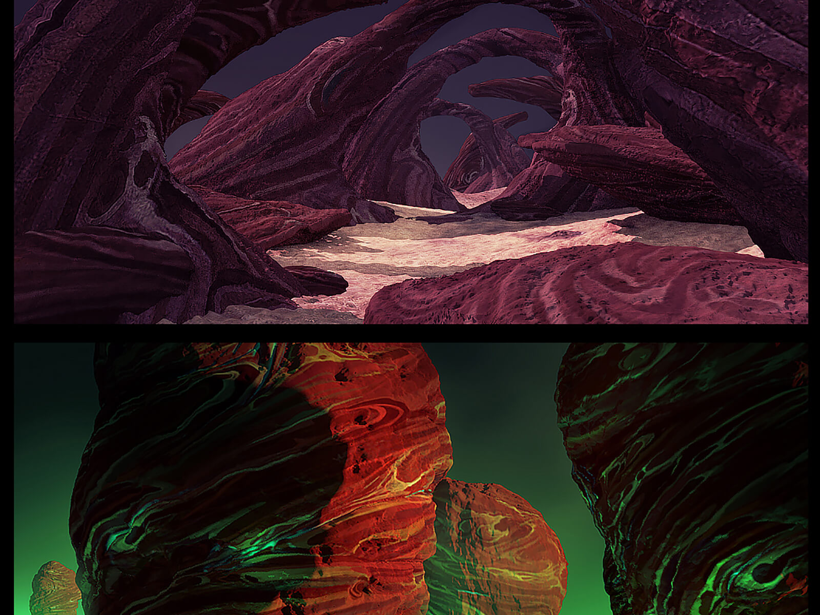 Dos paisajes desérticos extraterrestres, uno con misteriosos arcos rocosos y el otro con coloridos afloramientos de piedra.