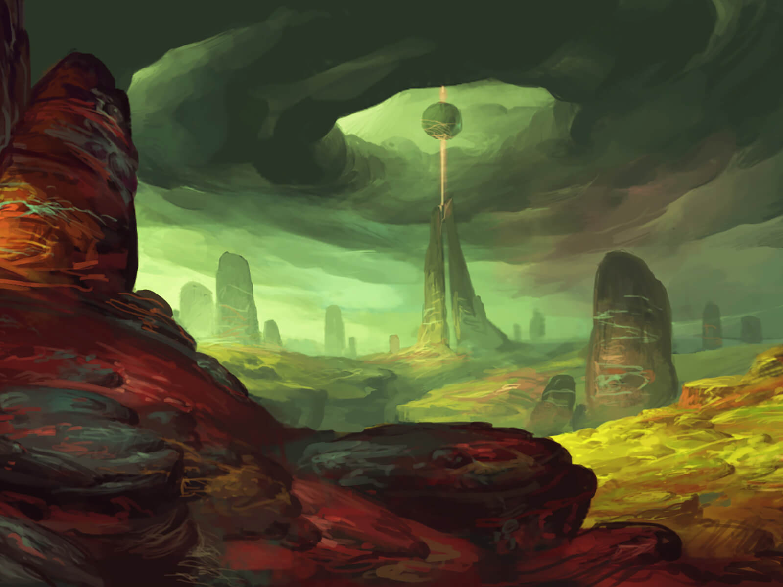 A rocky, alien environment with colorful outcroppings. A sphere floats above one such pinnacle surrounded by storm clouds.