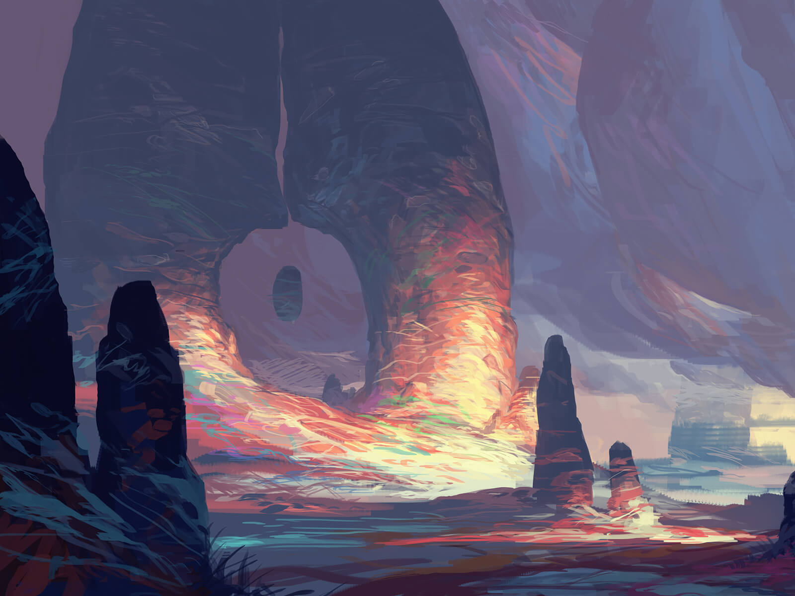 A rocky, alien environment with colorful outcroppings. An ovoid boulder floats inexplicably in between two stone spires.