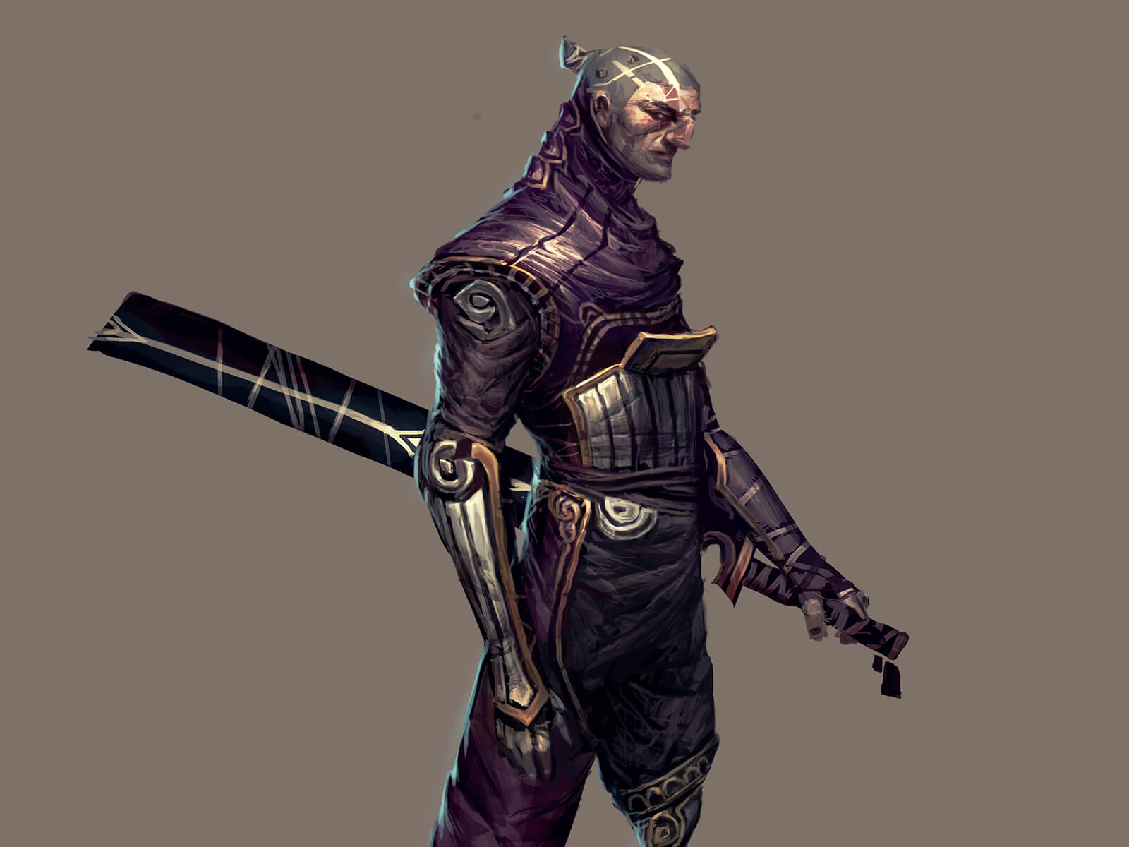 Un guerrero con un ornamentado uniforme púrpura y plateado visto de lado con una espada envainada en la cadera.