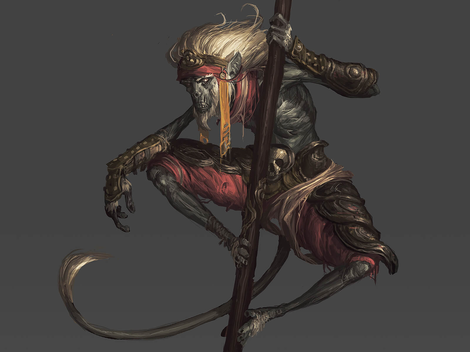 A desiccated or undead monkey with white hair balances on a tall wooden staff while dressed in ancient warrior garb.