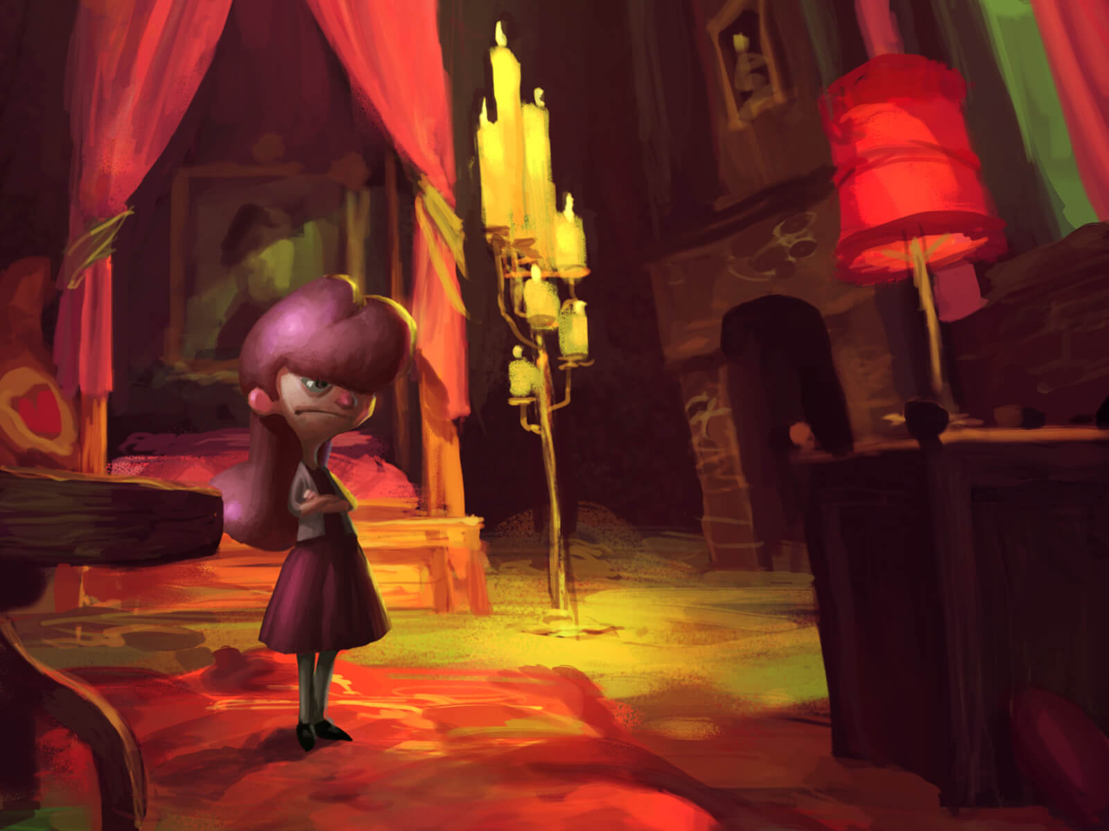 A young girl with an annoyed look stands in a cavernous, candlelit bedroom. Her hair, dress, and furnishings are colored pink