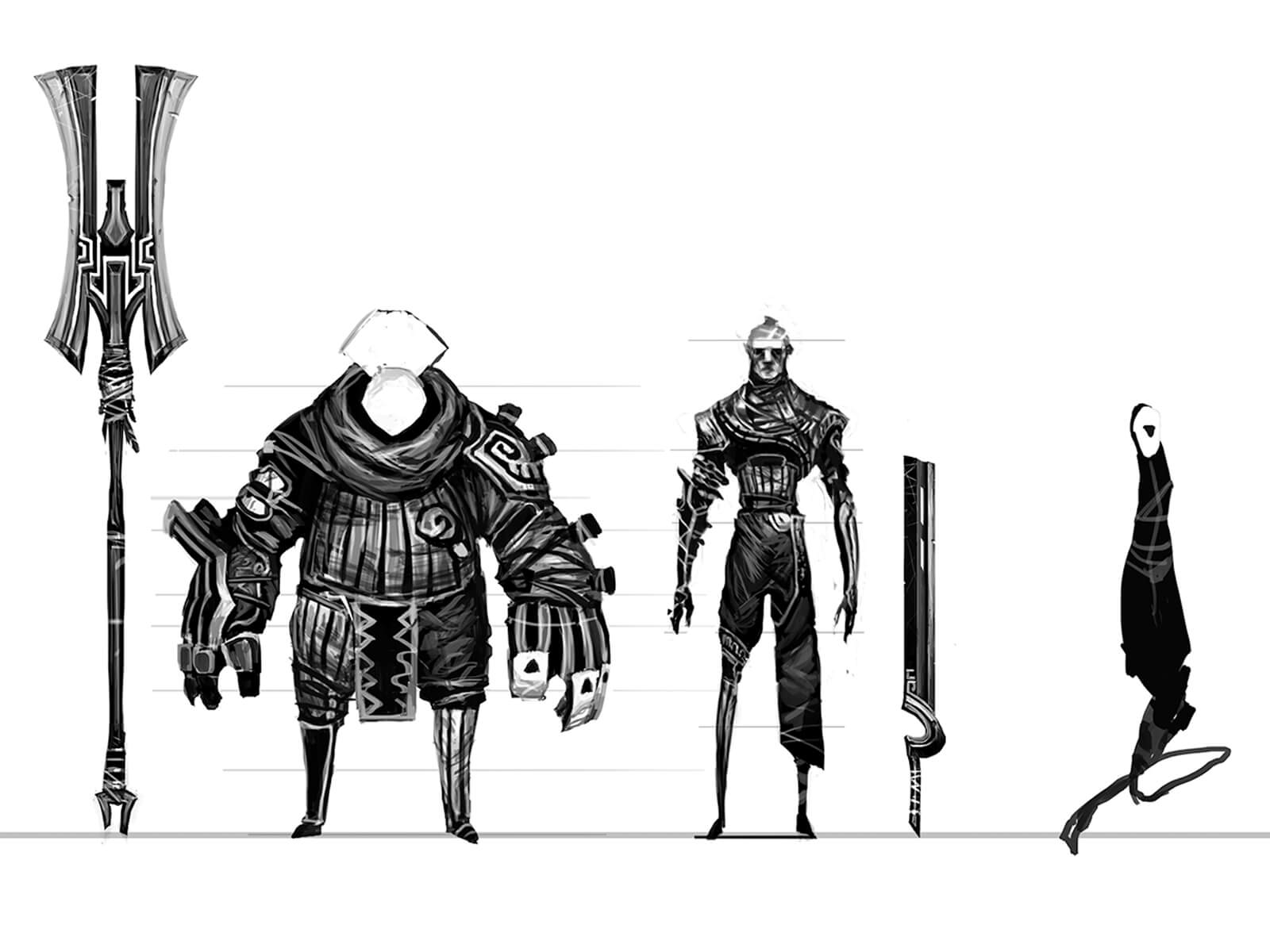 Black-and-white sketches of warriors in ornate battle gear standing face-forward next to their oversize weapons.